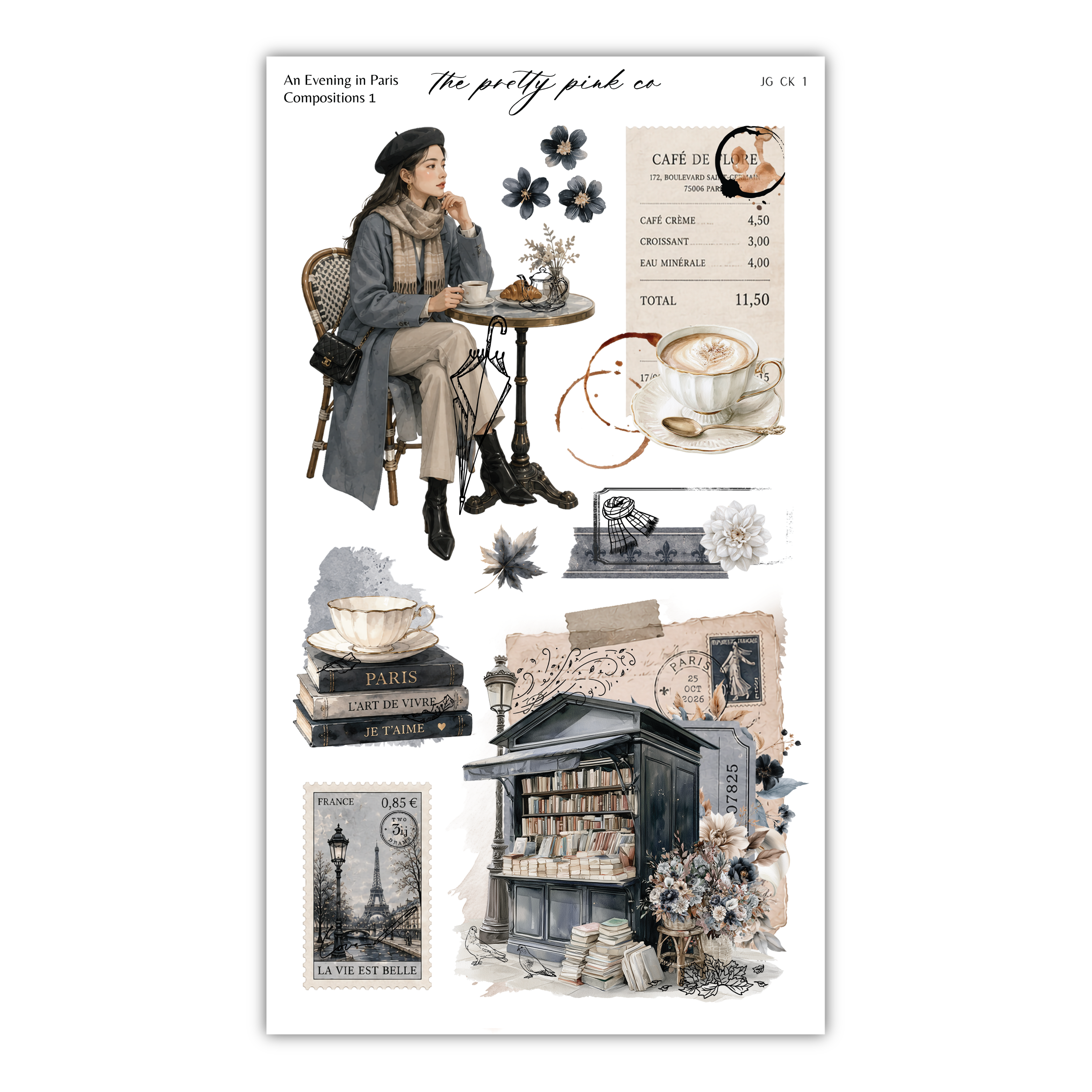 The image is a collage of various elements related to Paris, including a woman sitting at a table, books, flowers, and a cafe.
