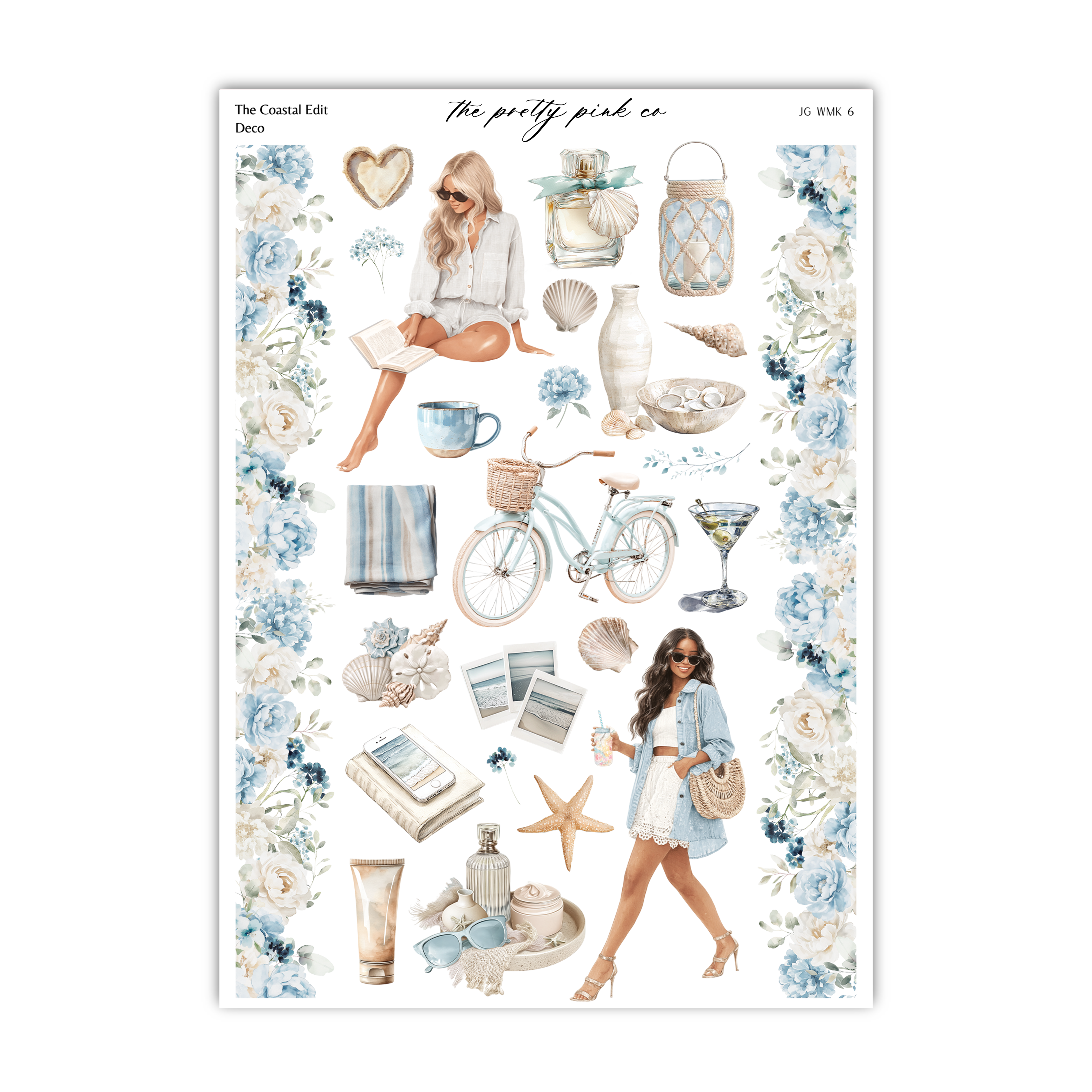The image is a collage of various objects and scenes related to coastal or beach-themed decor, including a woman sitting on the beach, a bicycle, a vase, a cup, a book, a starfish, and other decorative items.