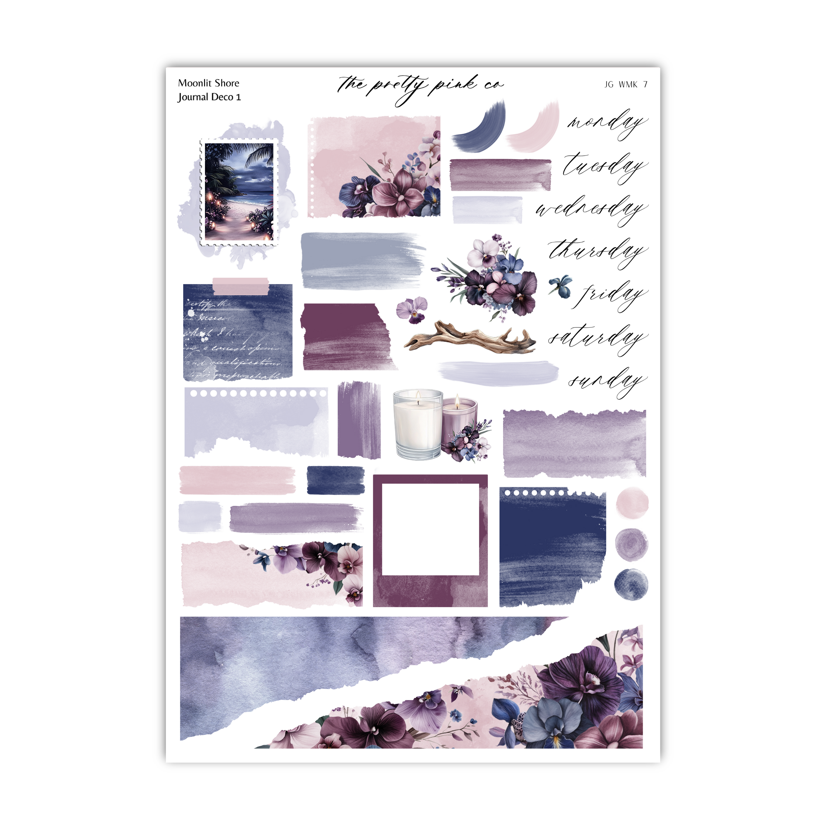 a sticker sheet with purple and blue watercolors