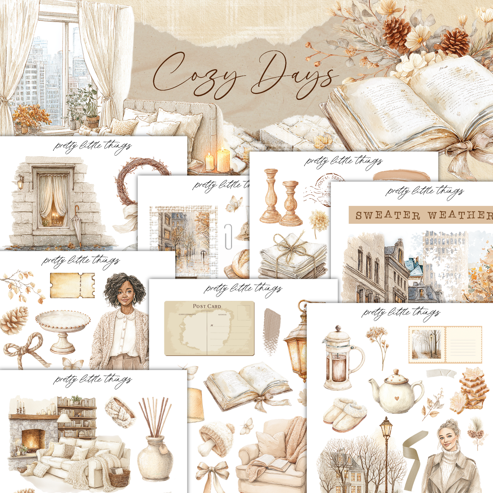 The image is a collage of various cozy and autumn-themed elements, including a fireplace, a book, a vase, a candle, and other decorative items. The collage is titled "Cozy Days" and includes text that describes the different elements, such as "pretty little things" and "sweater weather".
