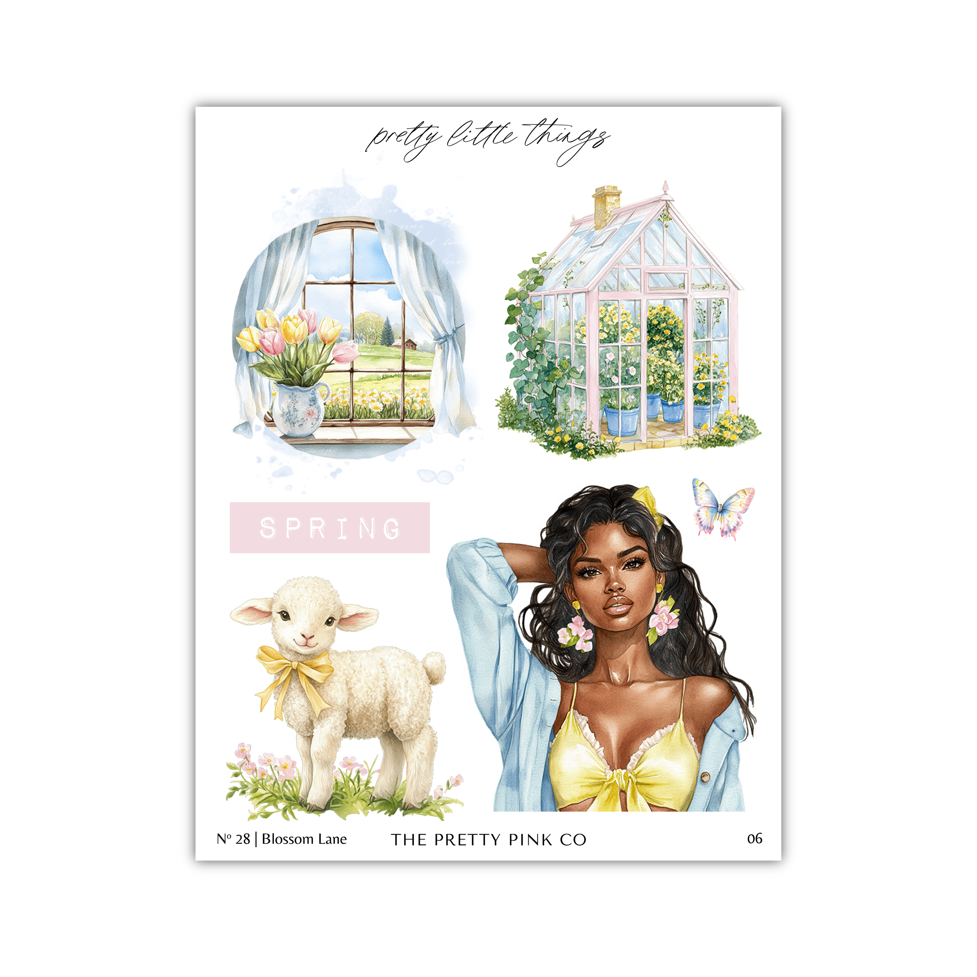 The image is a collage of four different illustrations, including a window with flowers, a greenhouse, a woman with a lamb, and a butterfly.