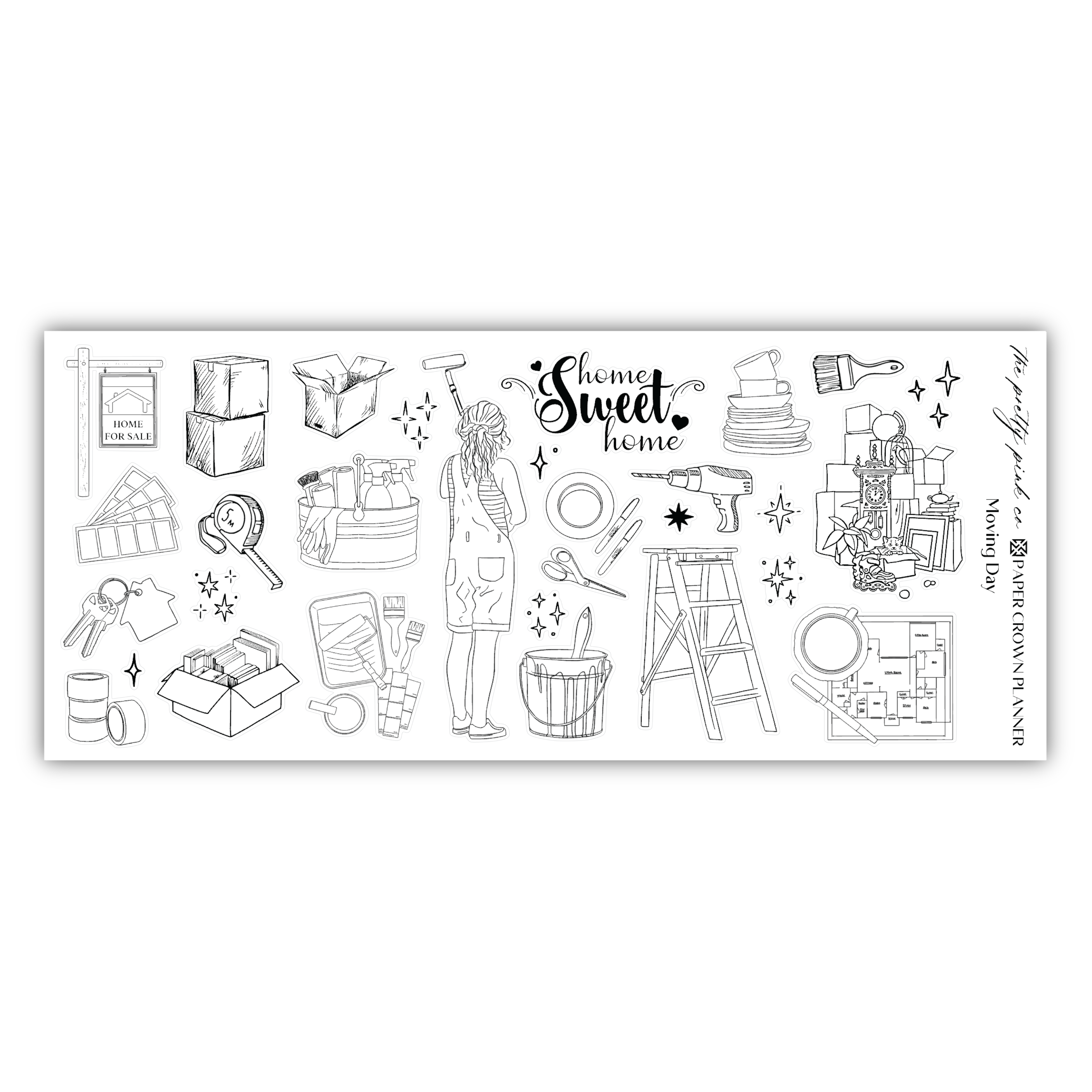 a black and white drawing of a variety of objects
