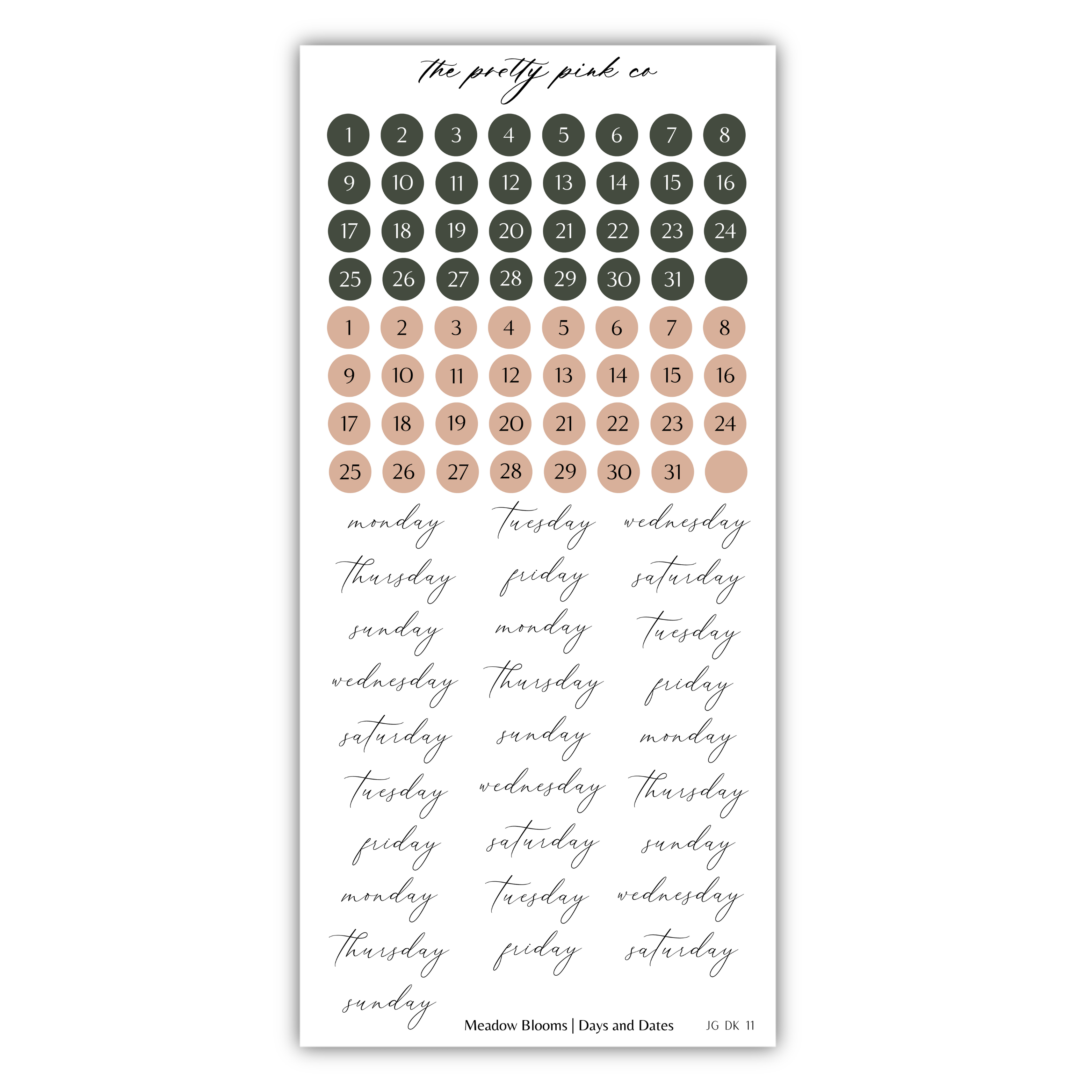 The image is a calendar with a grid of numbers representing the days of the week, and a separate grid of circles representing the days of the week. The calendar is titled "The pretty pink co" and includes the text "Meadow Blooms / Days and Dates" at the bottom.