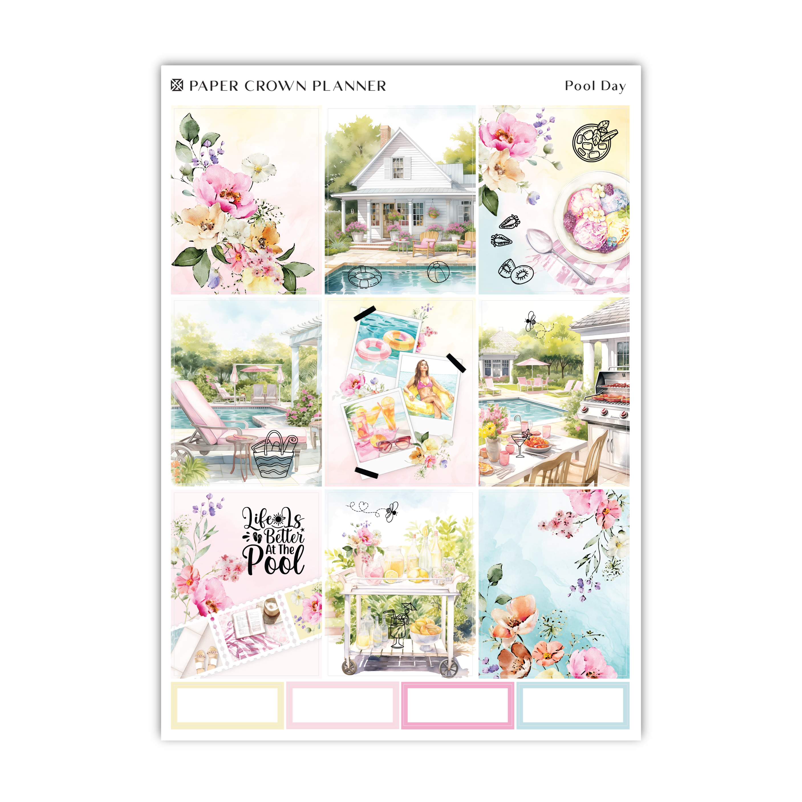 a sticker sheet with a house and flowers on it