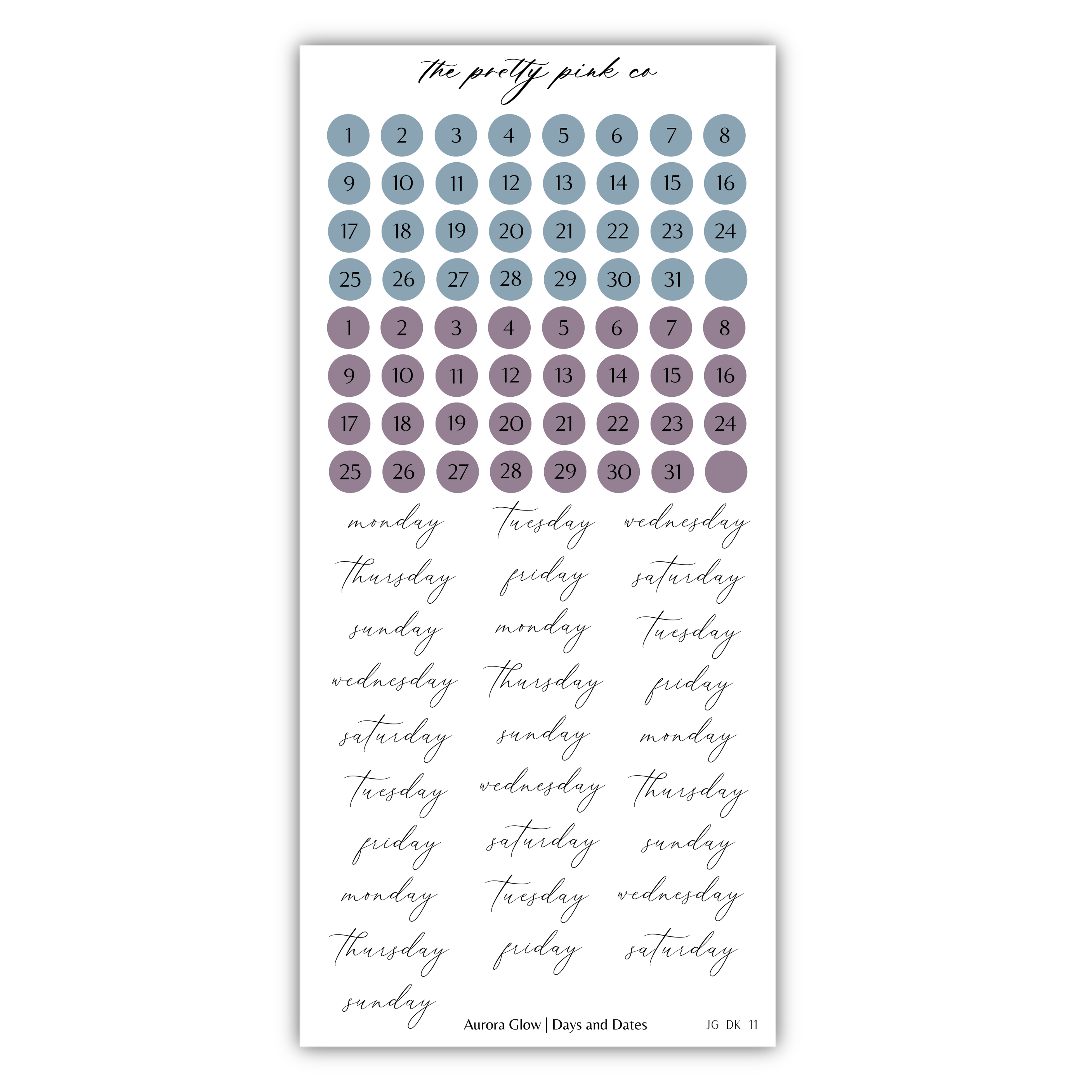 The image is a calendar with a grid of numbered days and a list of days written in cursive.