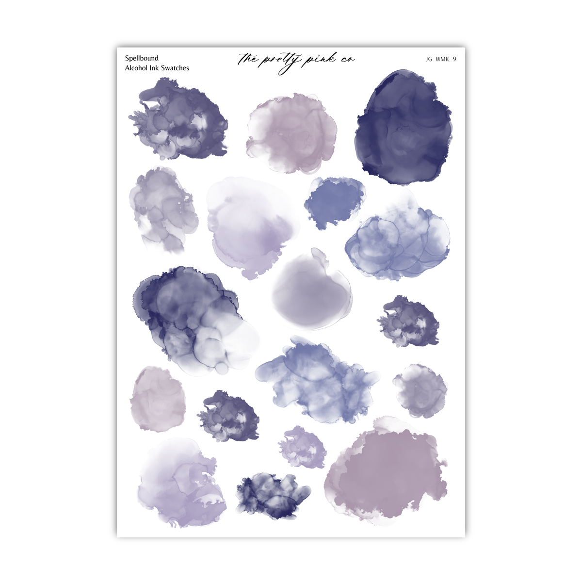 a collection of abstract watercolor brush strokes in various shades of purple and blue, arranged in a grid-like pattern.