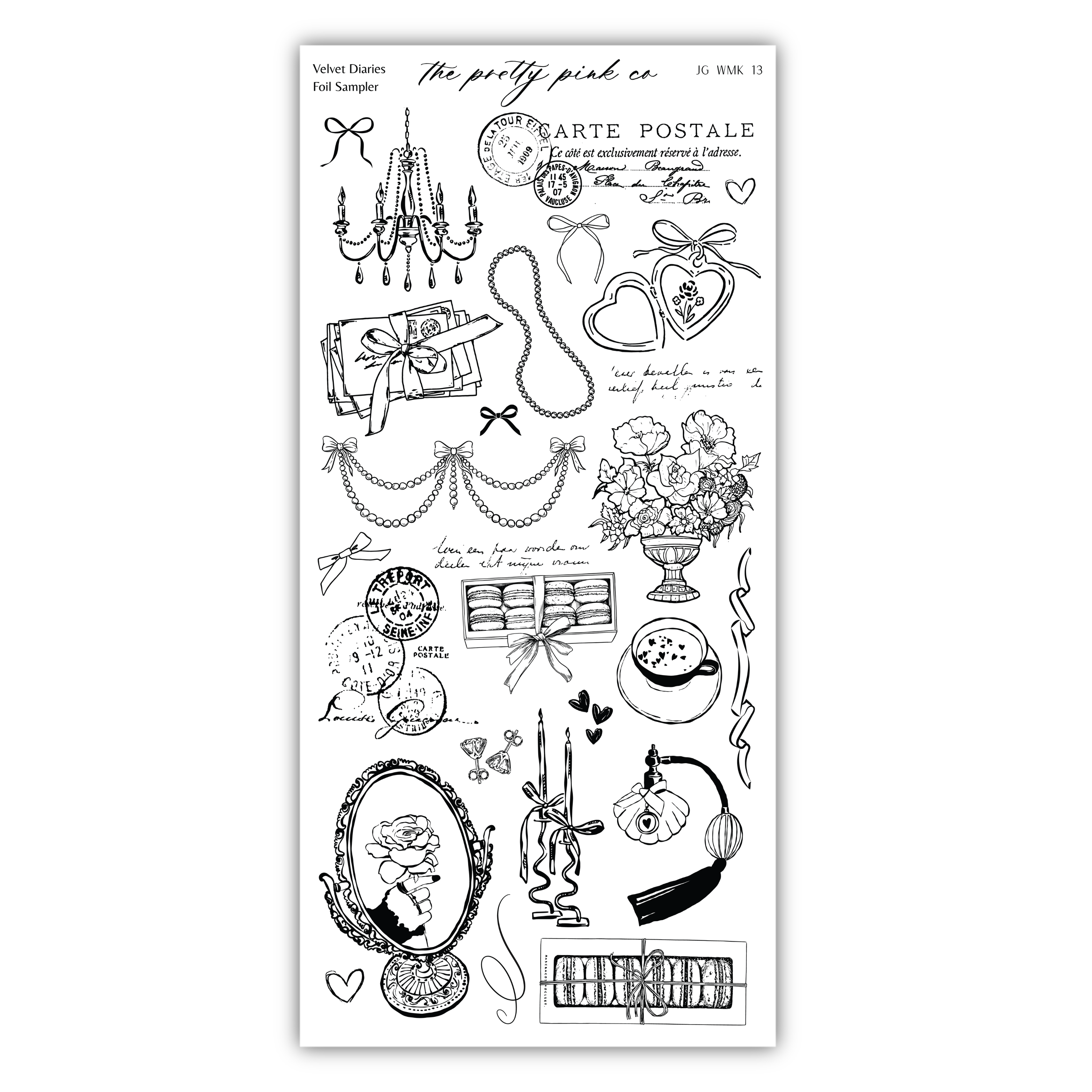 various decorative and ornamental elements, such as a chandelier, flowers, a clock, and other accessories, all depicted in a black and white style.