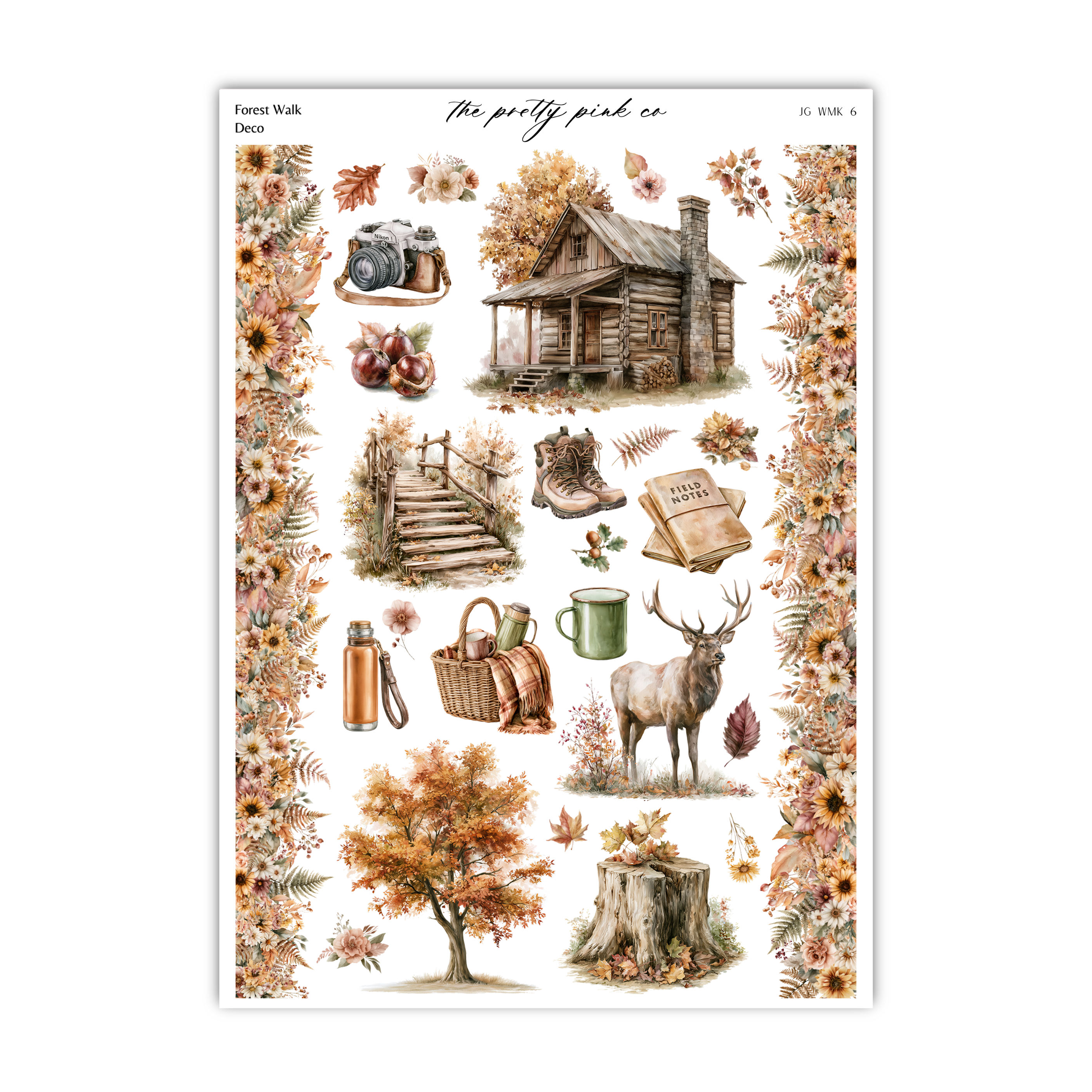 The image is a collage of various autumn-themed items, including a cabin, a deer, a tree, a book, a camera, and other natural elements.