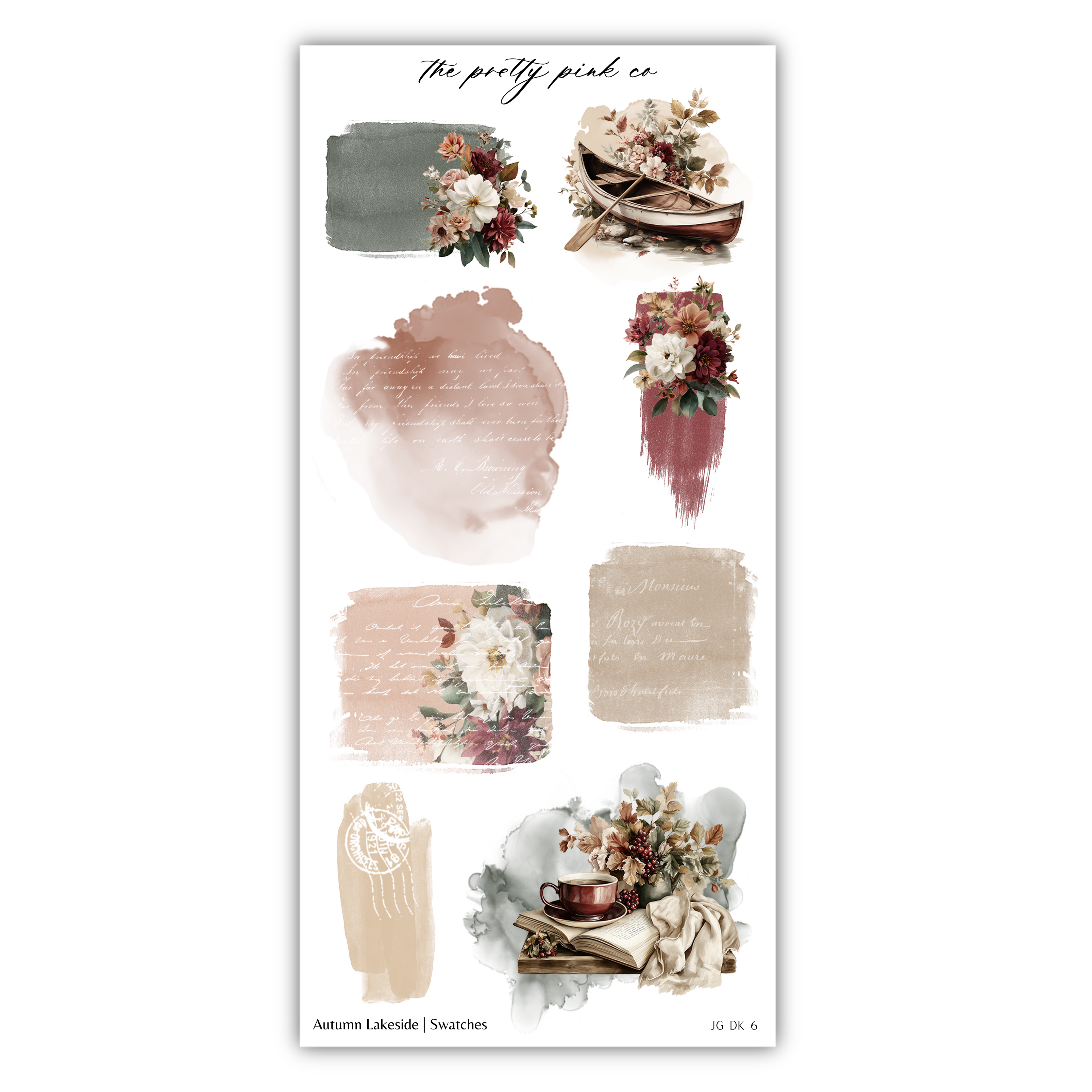 various floral and nature-inspired elements, including flowers, plants, and a boat, arranged in a visually appealing manner.