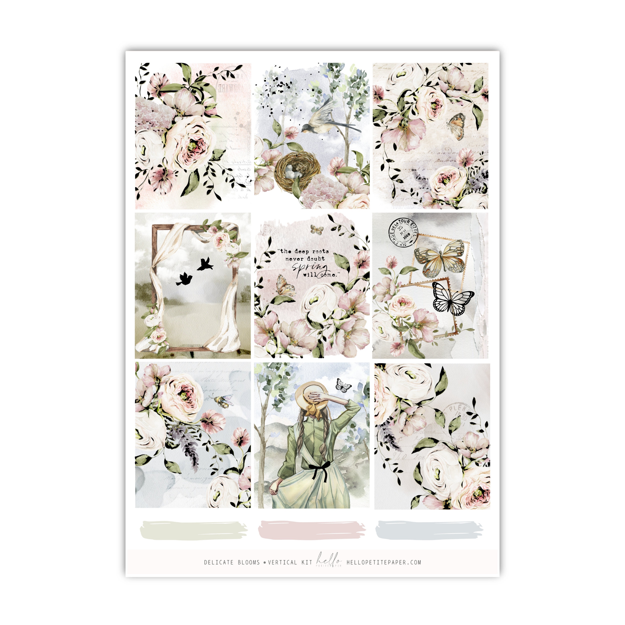 a sheet of paper with flowers and birds on it