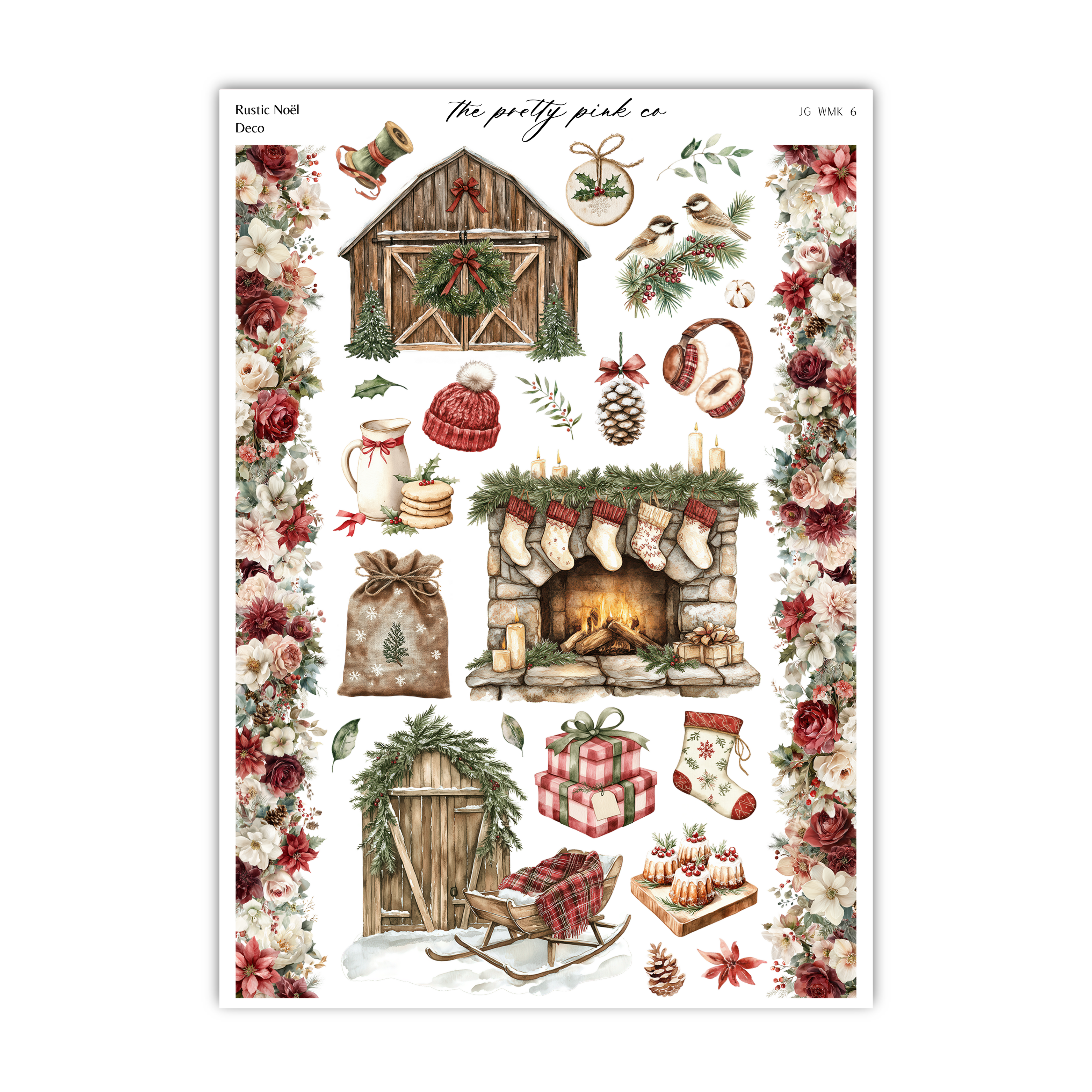 The image is a collage of various Christmas-themed items, including a barn, wreath, stockings, a fireplace, and other festive decorations.