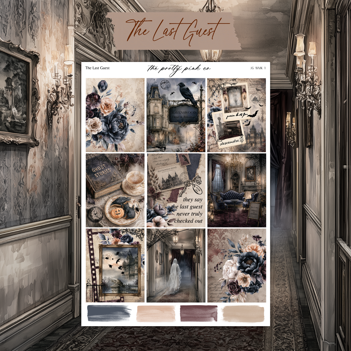The image is a collage of various artistic and decorative elements, including floral arrangements, vintage-style furniture, and other ornate details, all set against a dark and moody background.