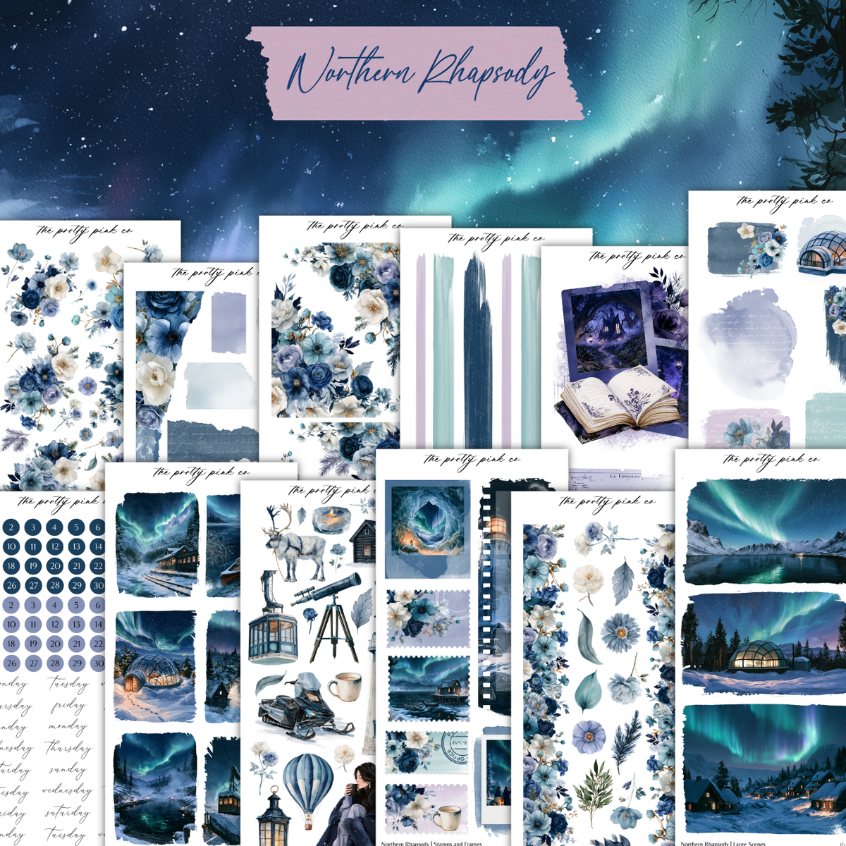 The image is a collection of various artistic and nature-themed elements, including illustrations of flowers, landscapes, and celestial objects such as the northern lights. The text "Northern Rhythms" is visible, suggesting that these elements are related to the concept of rhythm and patterns.