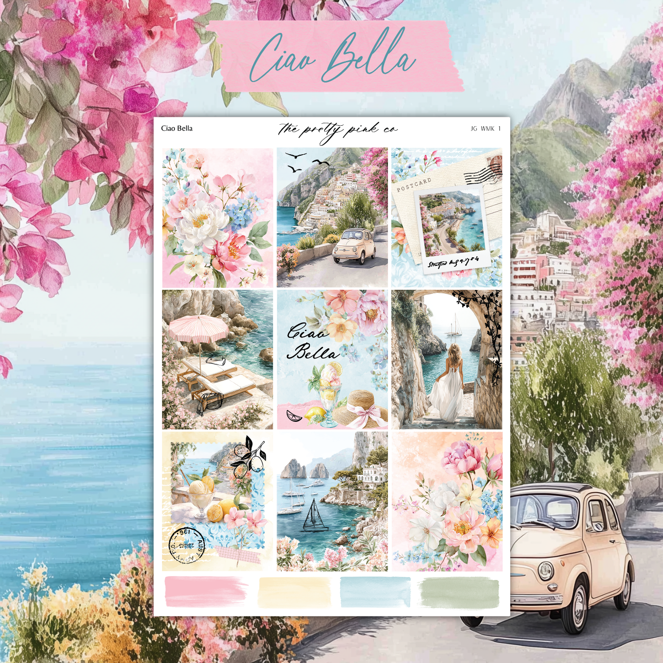 The image is a collage of various pictures depicting a scenic coastal town, a vintage car, and a person in a dress. The collage is framed by pink flowers and a blue sky, creating a visually appealing and harmonious composition.