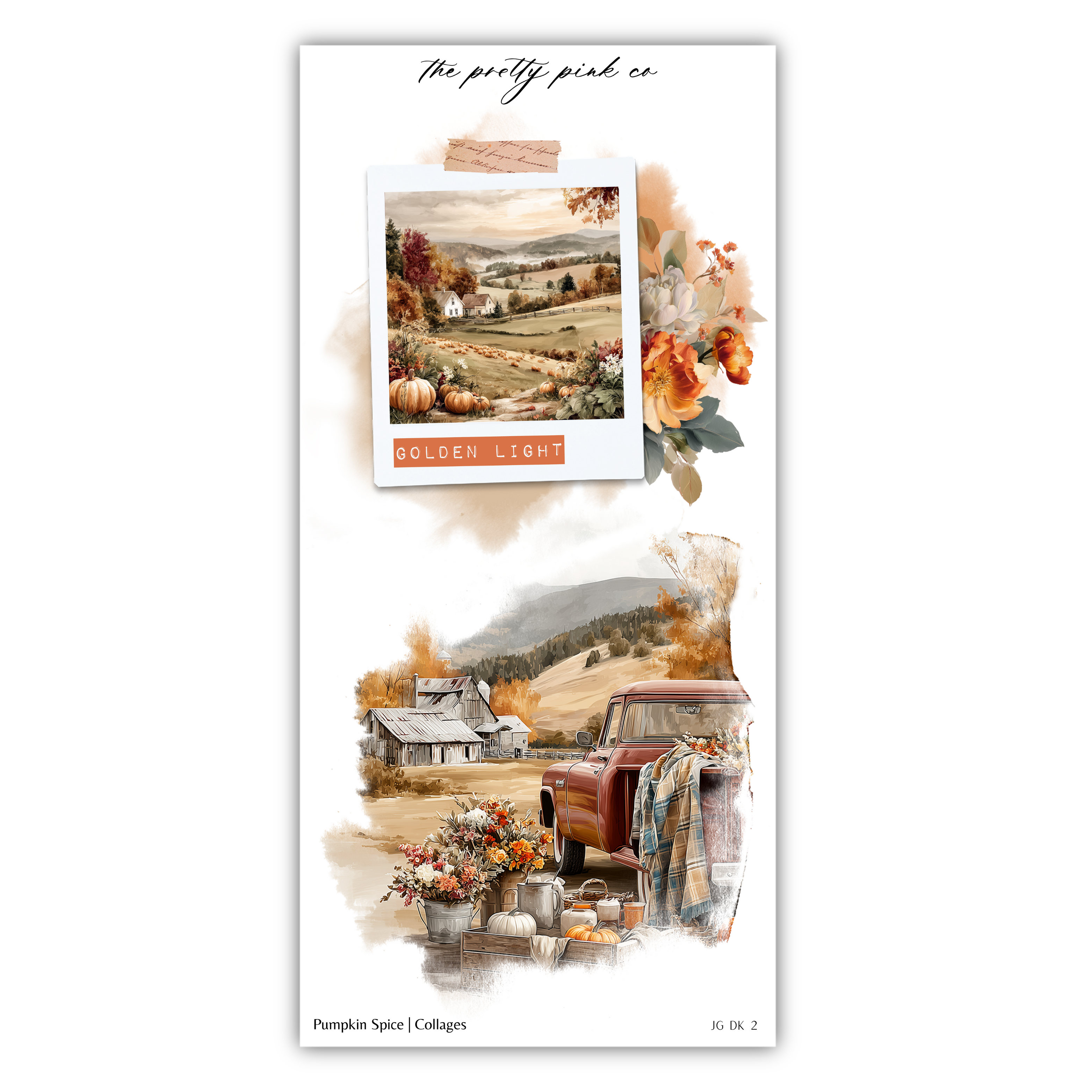 The image is a collage of two pictures. The top picture depicts a rural landscape with a farm and a barn, while the bottom picture shows a red truck parked in front of a house with a pumpkin patch.