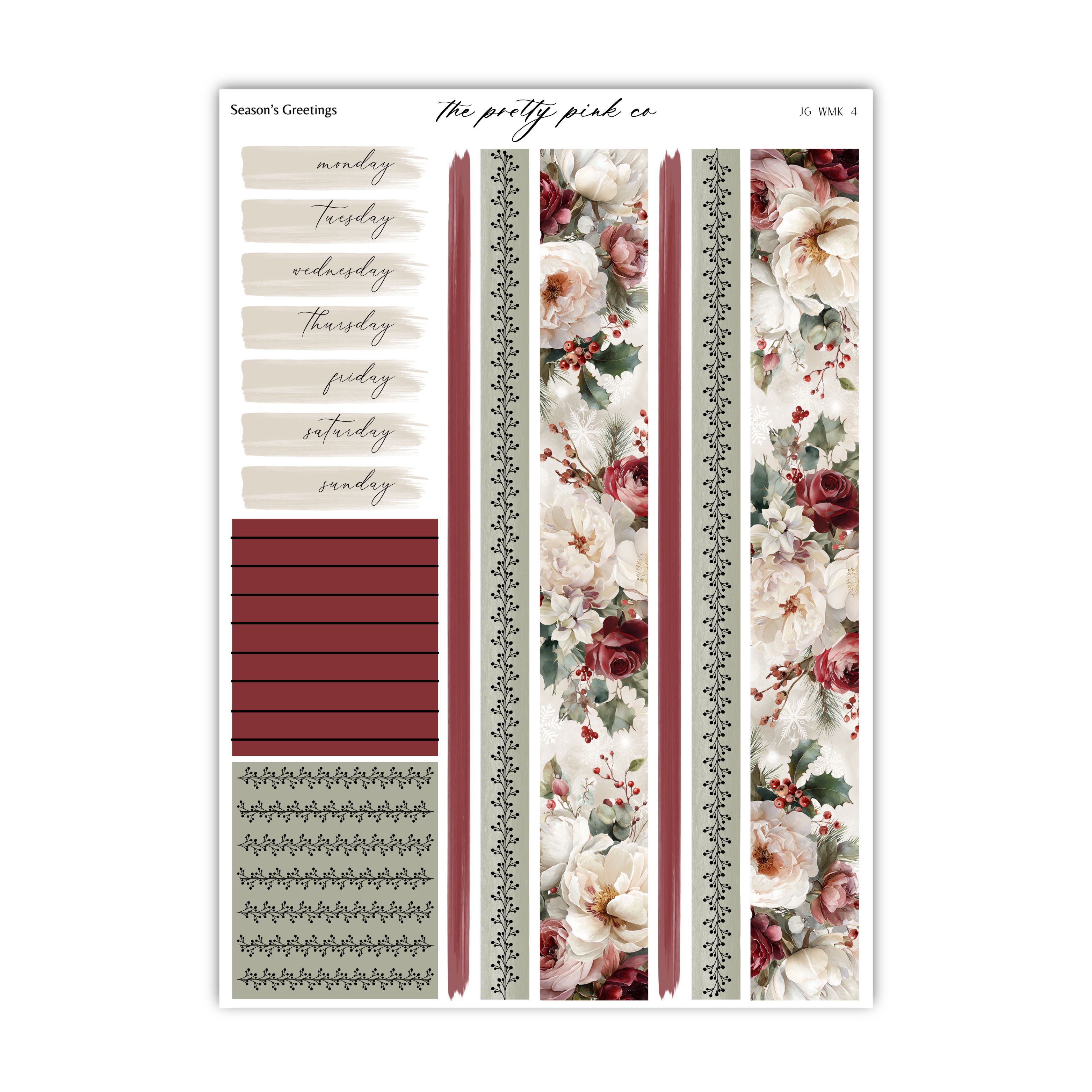 The image is a collage of various elements, including a floral pattern, a red stripe, and a list of days of the week.