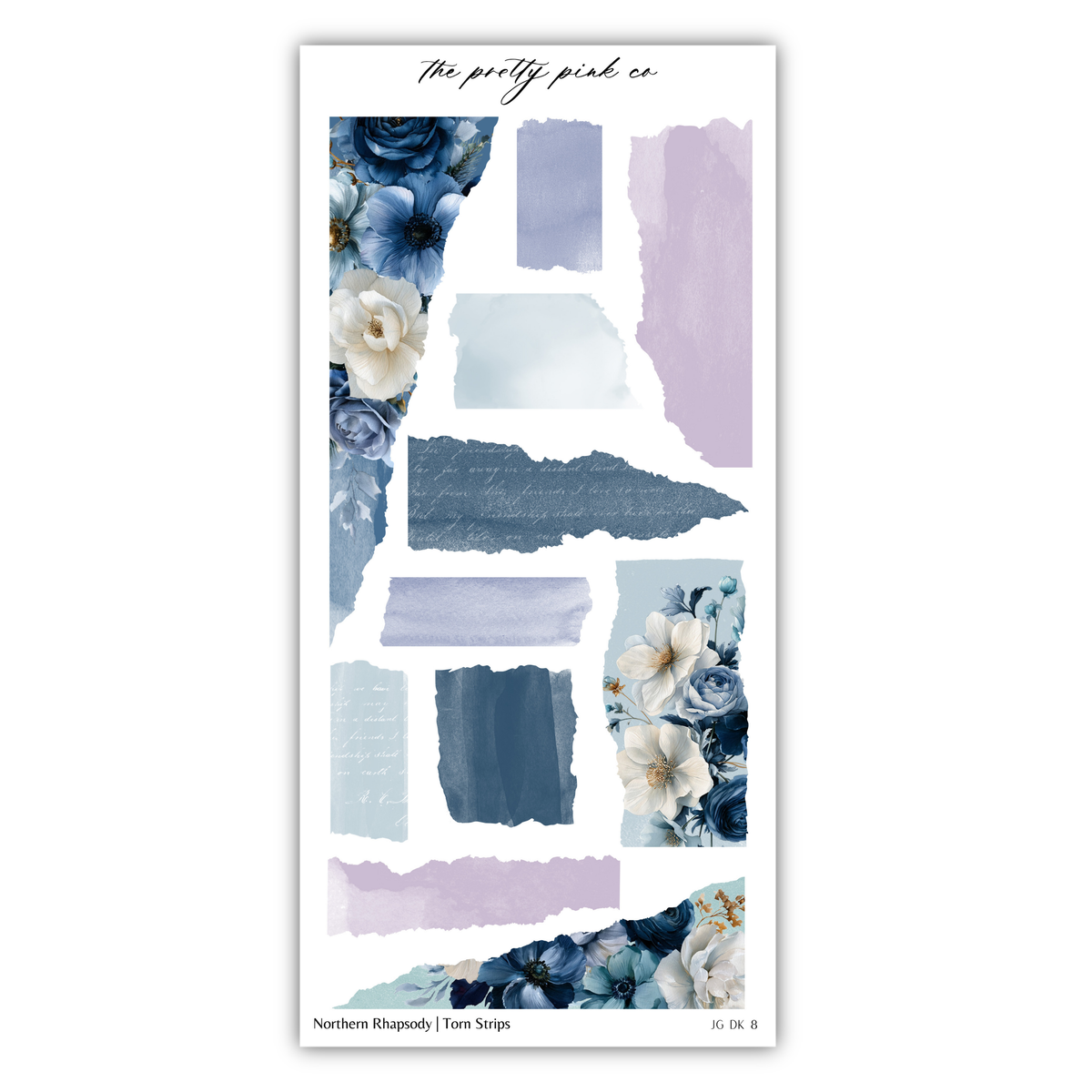 The image is a collage of various artistic elements, including floral designs, abstract shapes, and text. The collage is titled "The pretty pink co" and includes images of roses, blue and white flowers, and abstract shapes in shades of blue, purple, and gray.