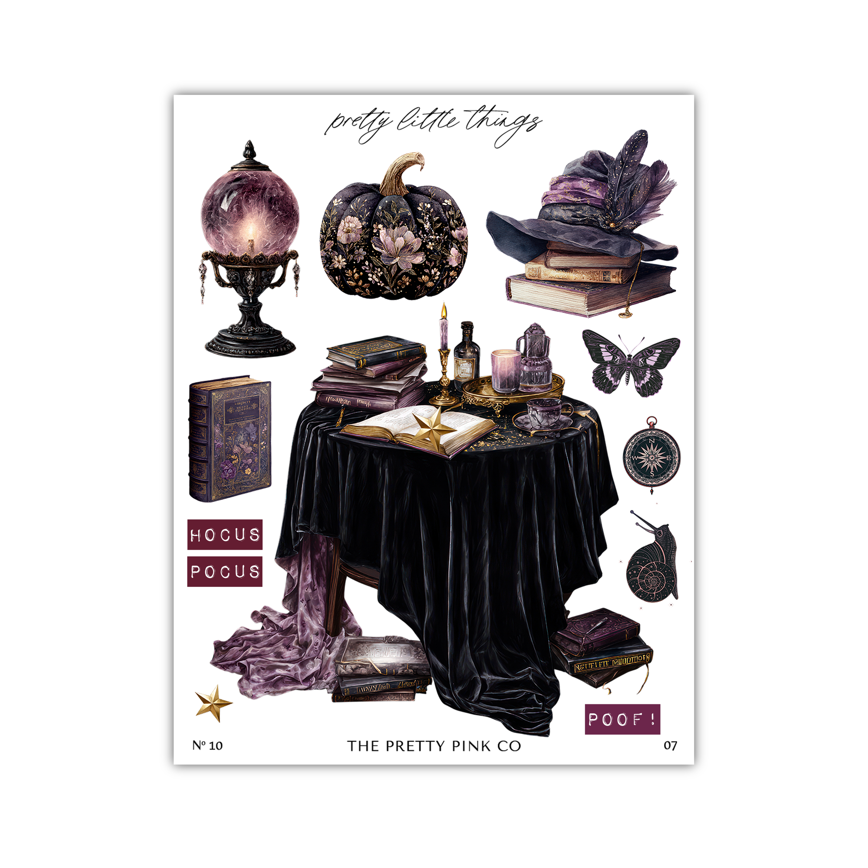 The image is a collage of various Halloween-themed items, including a pumpkin, books, a table, and other decorations, all in a dark purple color scheme.
