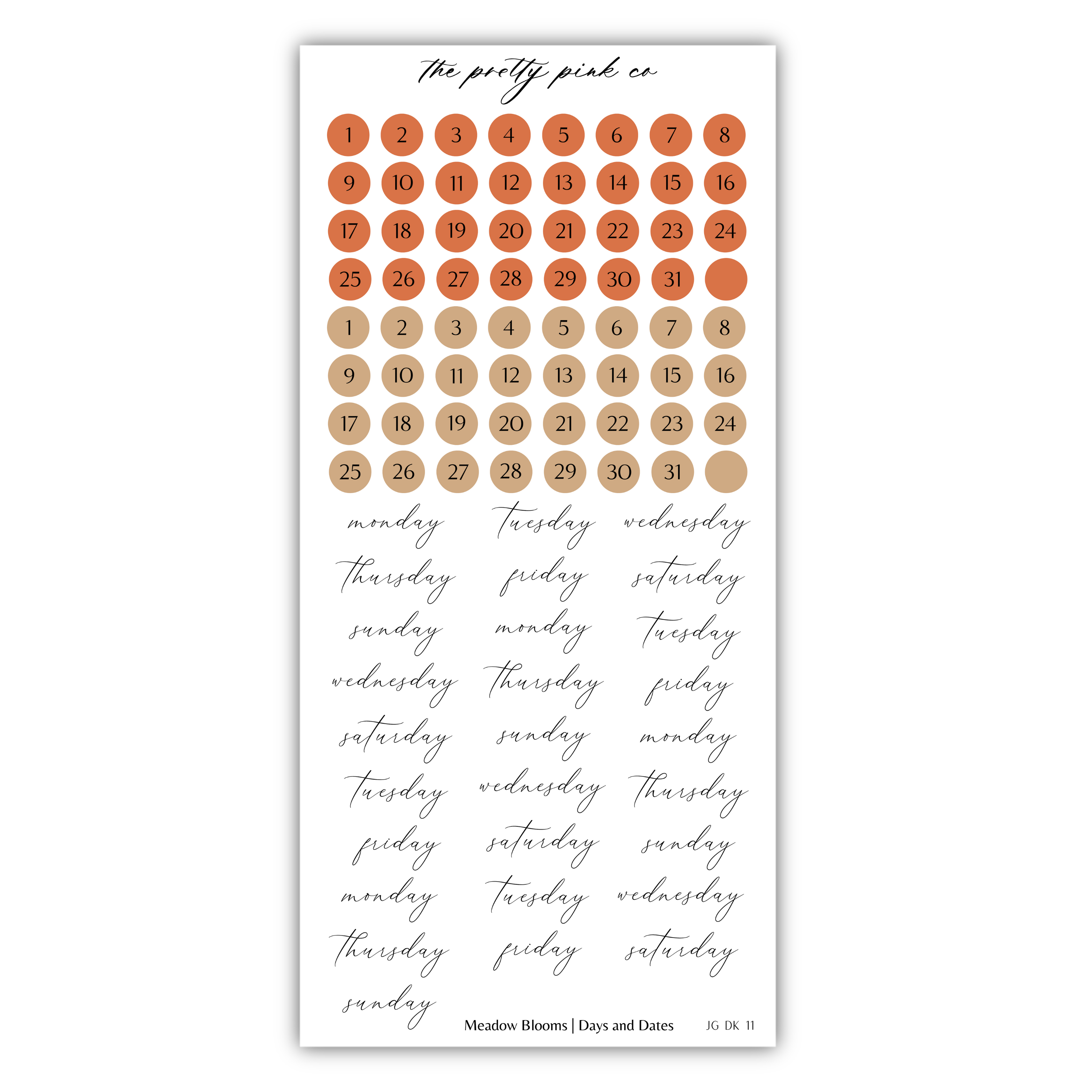 The image is a calendar with a grid of orange circles representing days of the week, and a list of days of the week written in a cursive font.