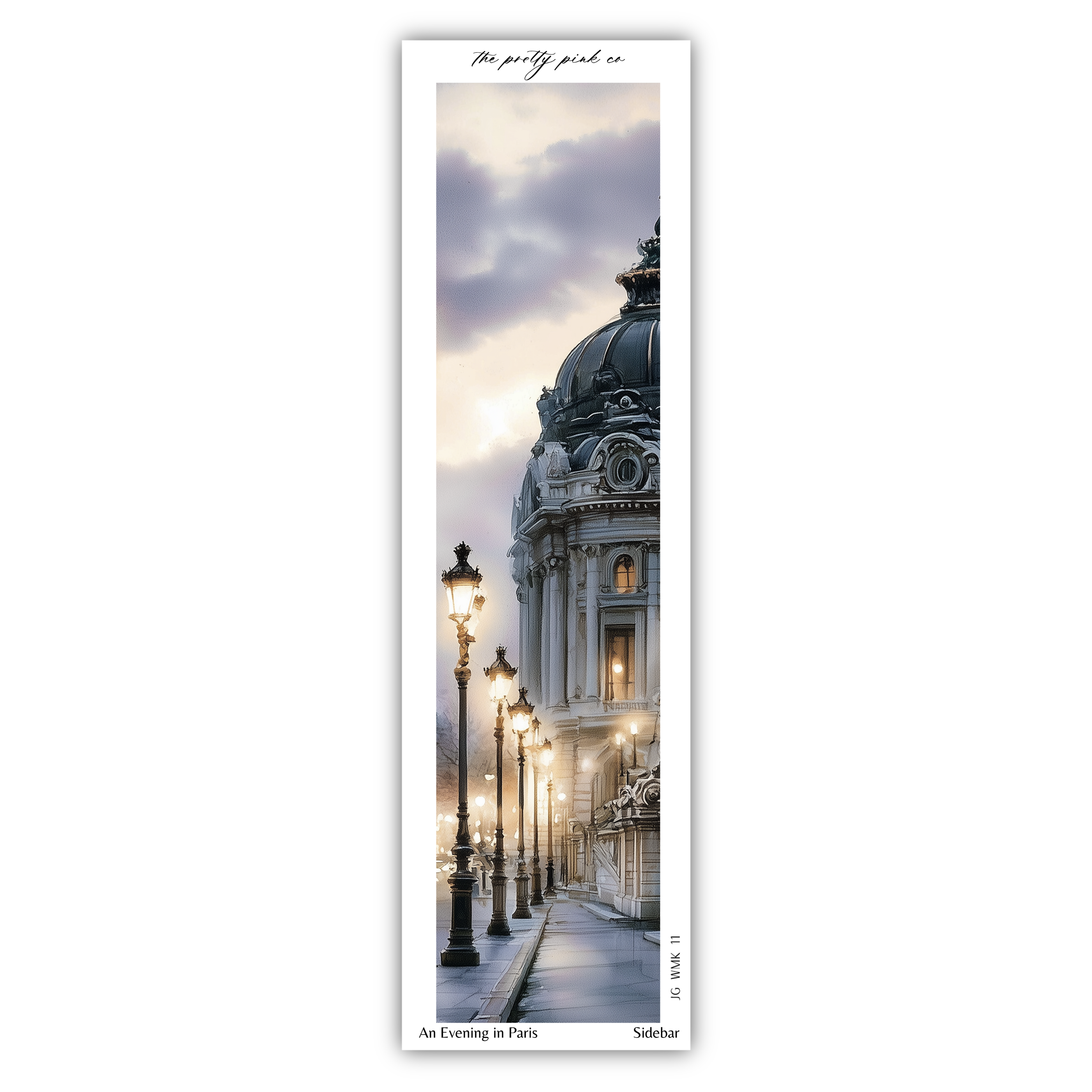 a picturesque street scene in Paris, France, with ornate buildings, street lamps, and a cloudy sky.