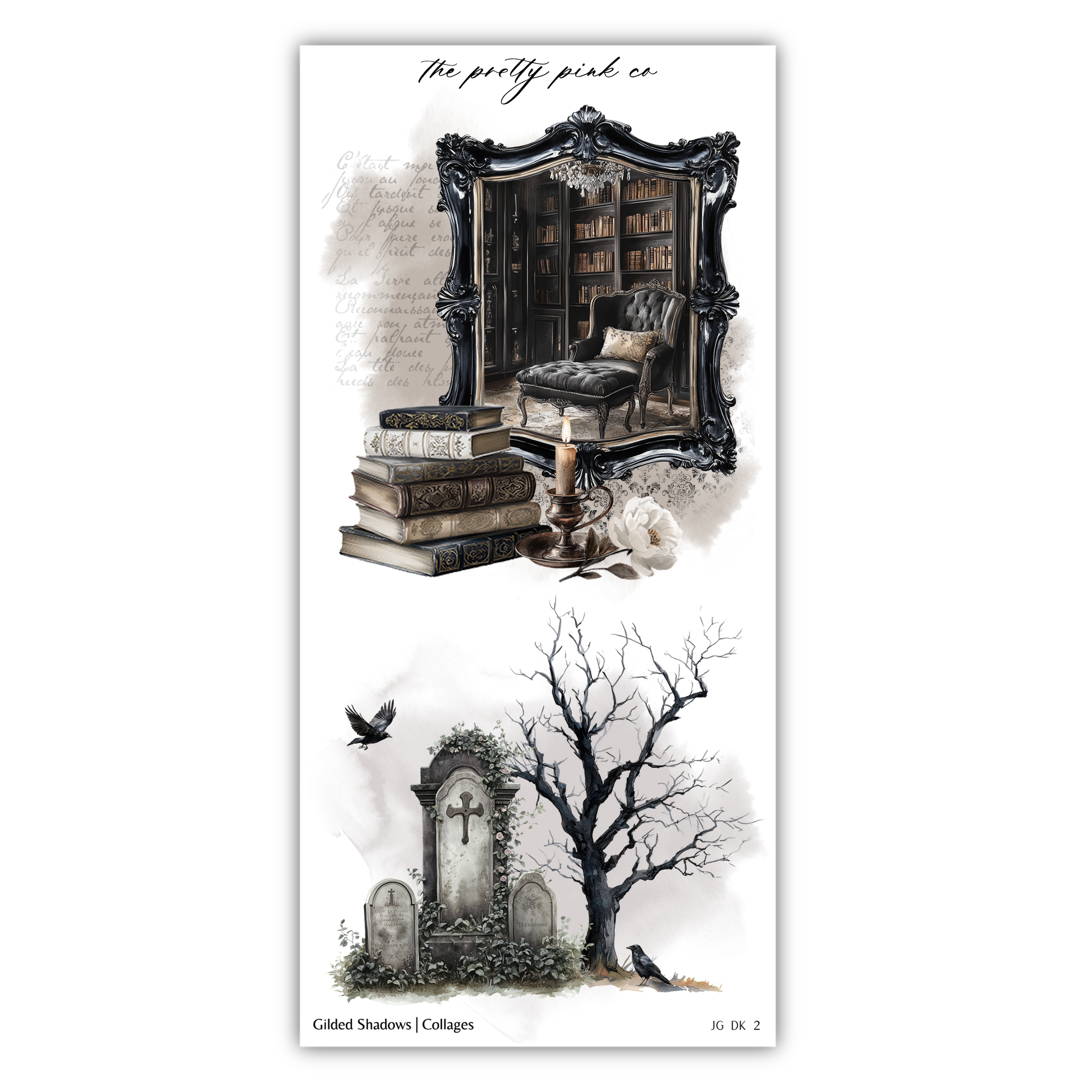 The image is a collage of two distinct scenes. The top scene depicts a room with a bookshelf, a chair, and a stack of books. The bottom scene shows a graveyard with a gravestone, a tree, and a bird.