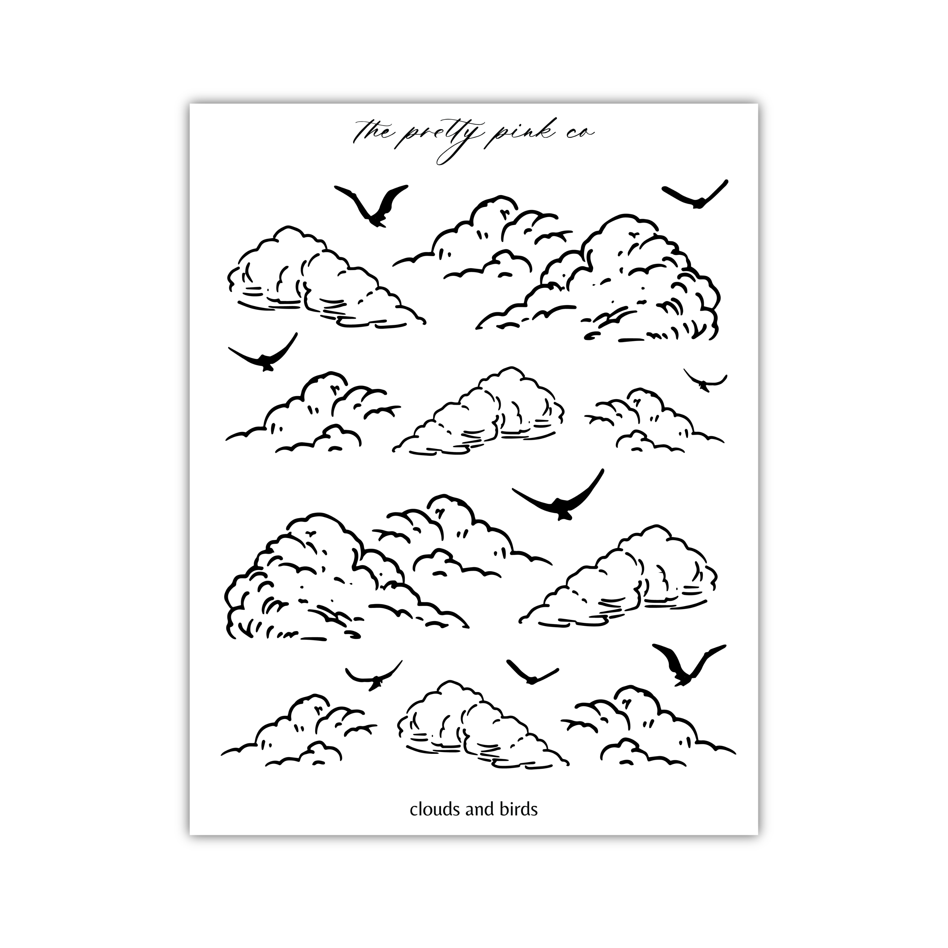 a collection of stylized cloud and bird illustrations, arranged in a grid-like pattern.