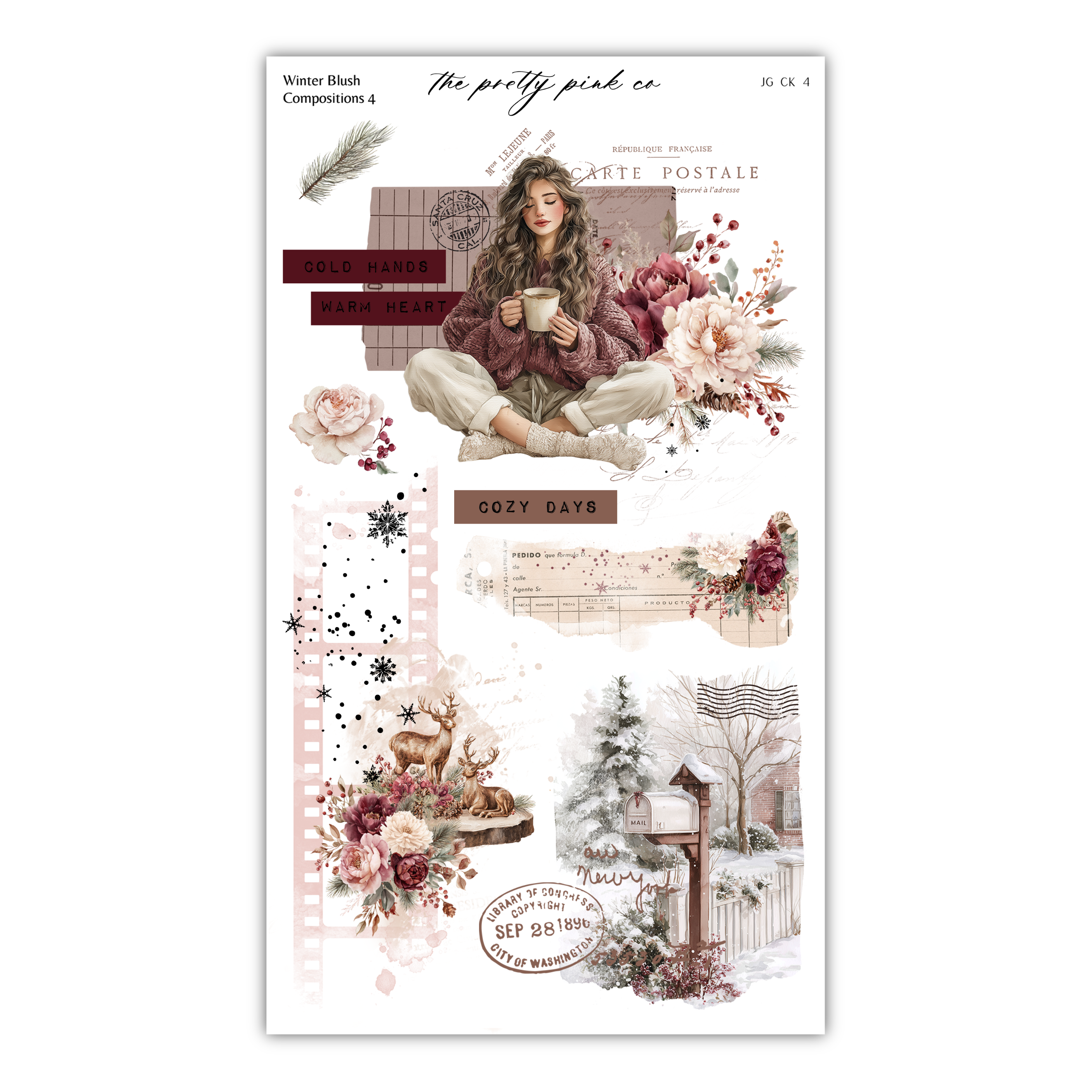 The image is a collage of various winter-themed elements, including a woman sitting in a chair surrounded by flowers, a snowy landscape, and other winter-related imagery.