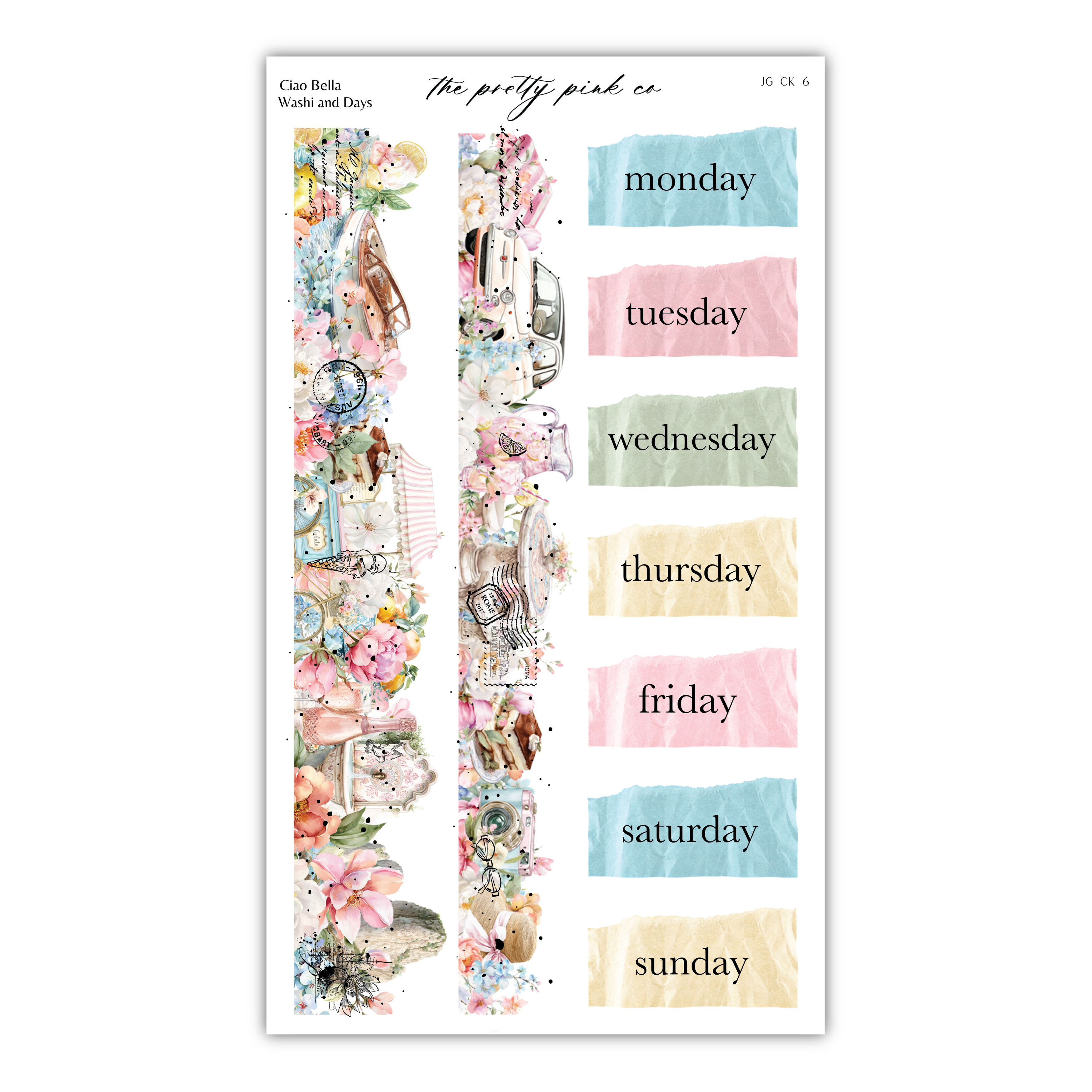 The image is a colorful and decorative sticker with a floral border, featuring a variety of days of the week and possibly other elements such as cars, flowers, and text.