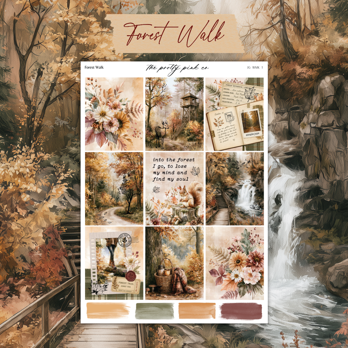 The image is a collage of various autumn-themed photographs, including a forest walk, a waterfall, and floral elements. The collage is titled "Forest Walk" and includes text that describes the images, such as "Into the forest go my mind and find my soul".