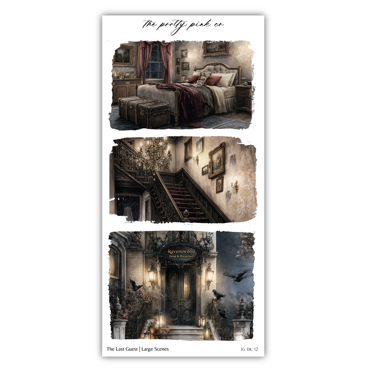 The image is a collage of three different scenes, each depicting a different part of a room or setting. The first scene shows a bed with a red blanket and a nightstand. The second scene depicts a staircase leading up to a door. The third scene shows a doorway with a sign that reads "The Last Guest / Large Scenes".