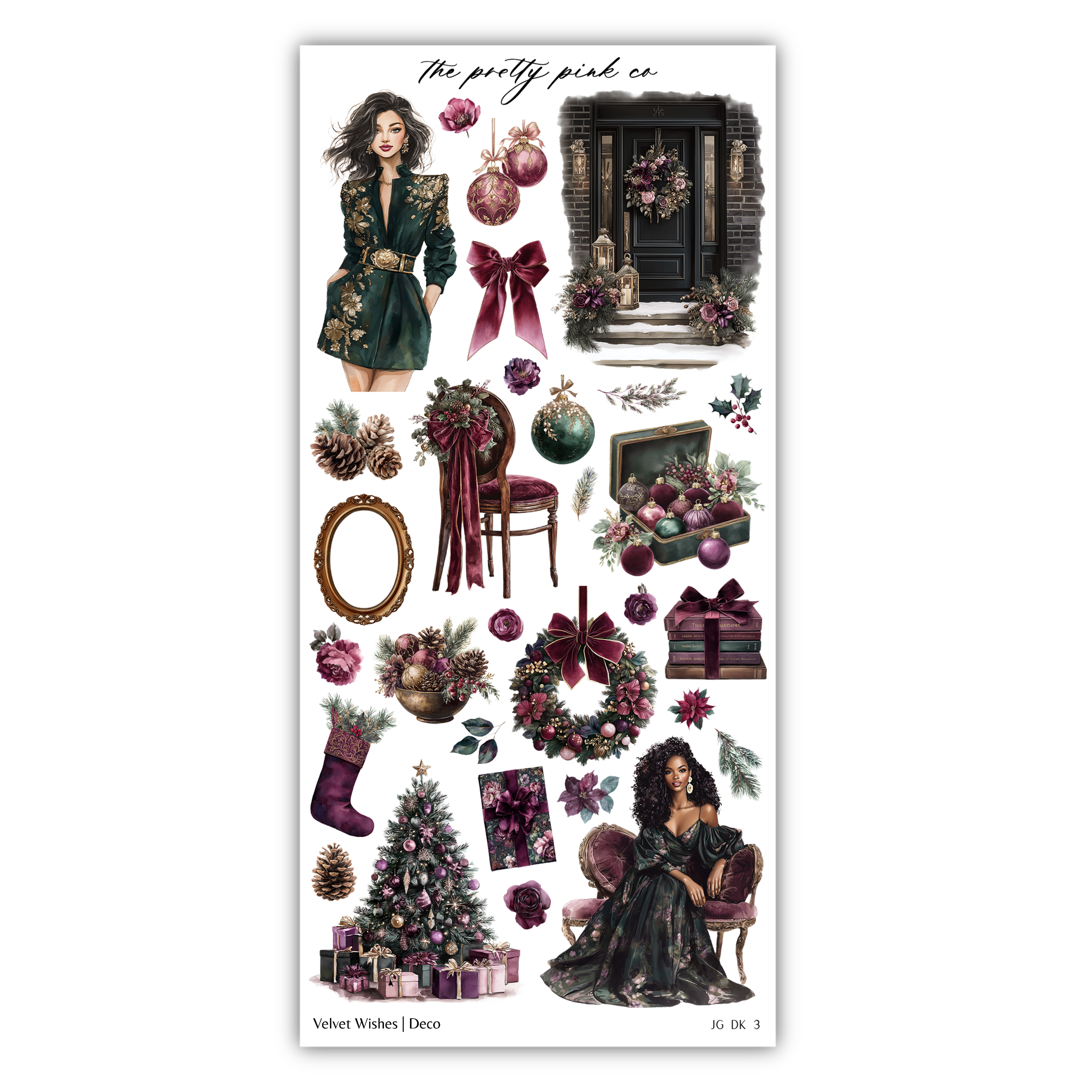 various Christmas-themed items and decorations, including a woman in a green dress, a Christmas tree, a wreath, and other festive elements.