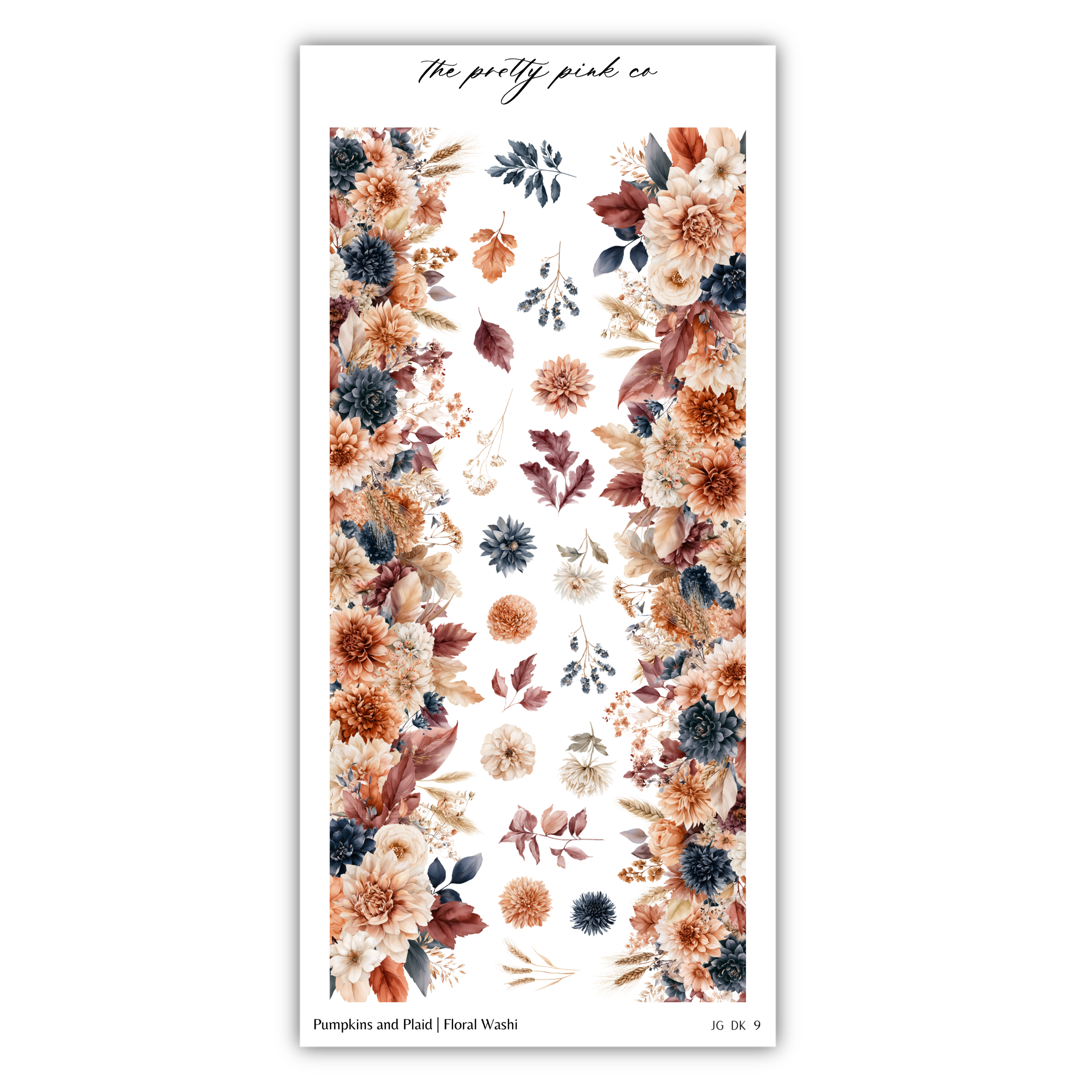 The image is a vertical arrangement of various flowers and foliage, including pumpkins and plaid leaves, against a white background.
