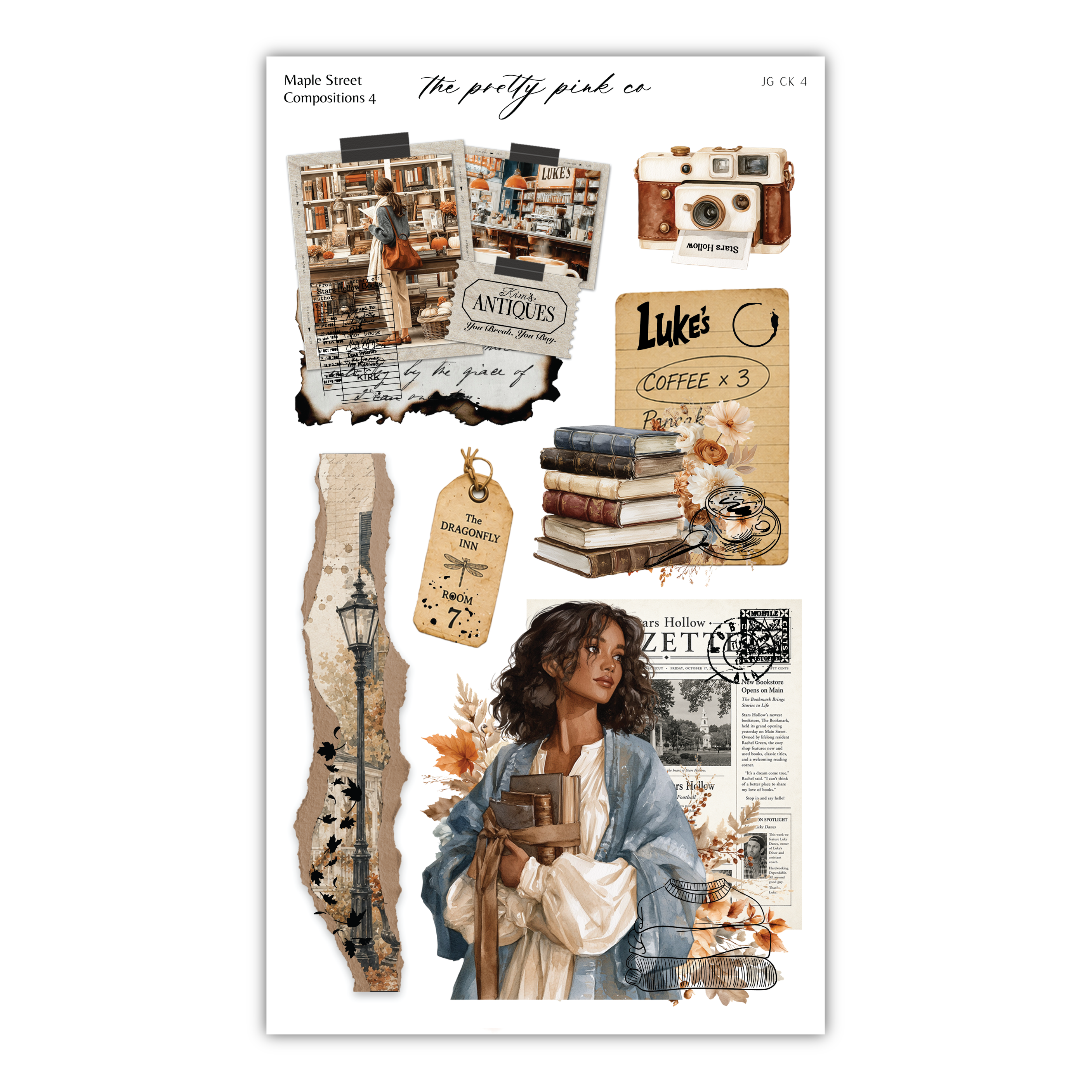 The image is a collage of various vintage-style photographs and illustrations, including a woman holding a book, a camera, and other objects such as a lamp, a sign, and a newspaper.