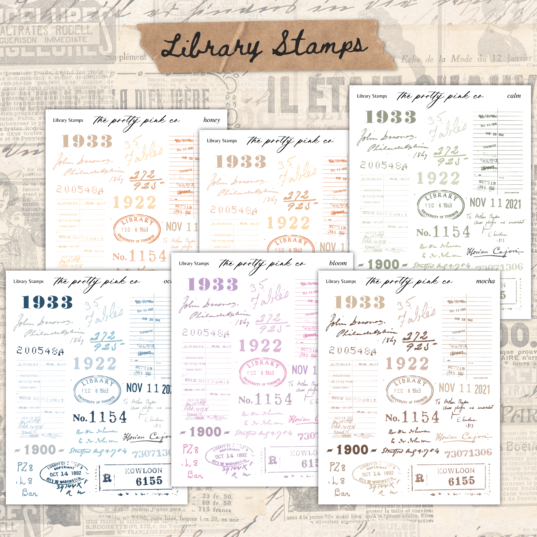 a collection of vintage library stamps from the 1930s, featuring various designs and text.