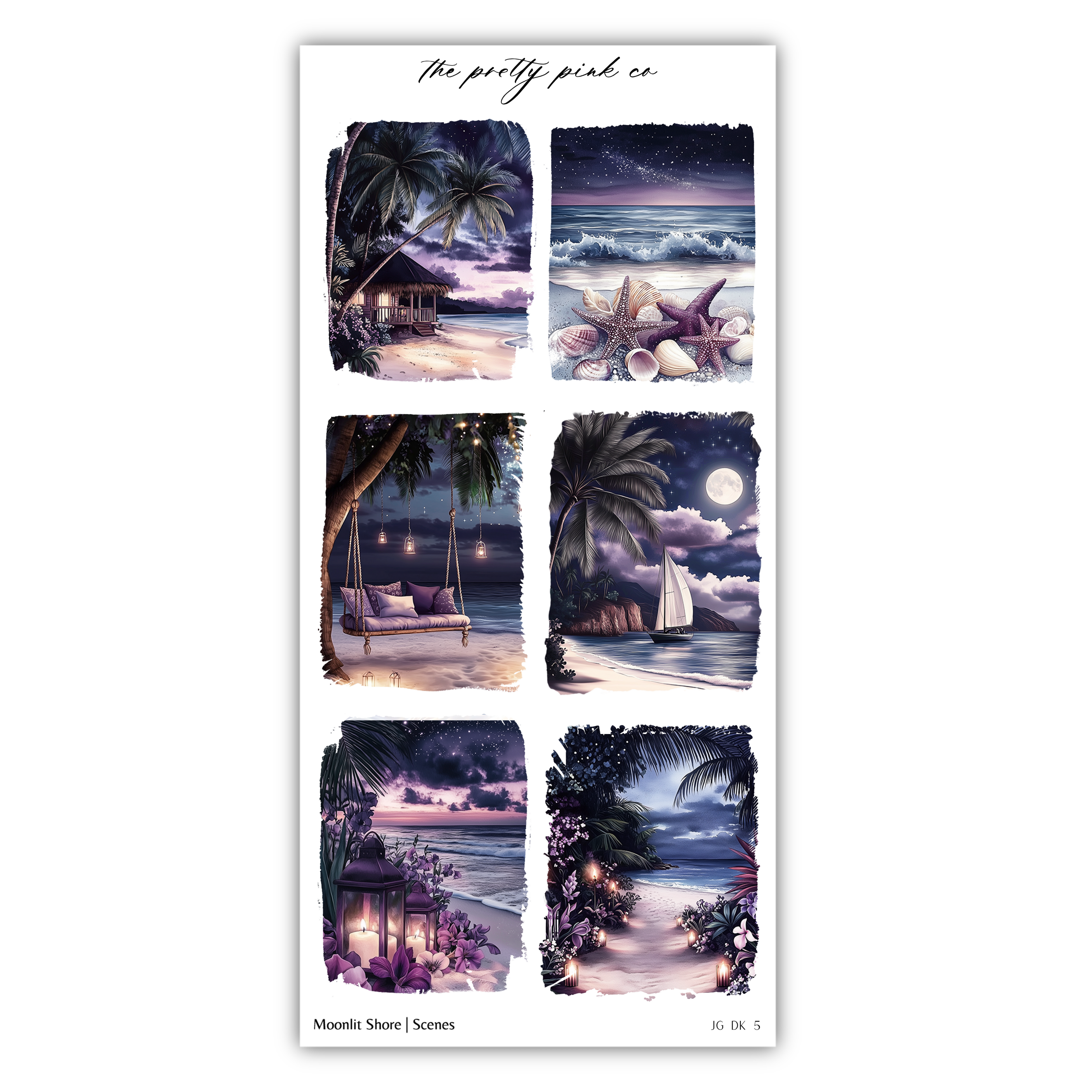 a set of four stickers with a beach scene