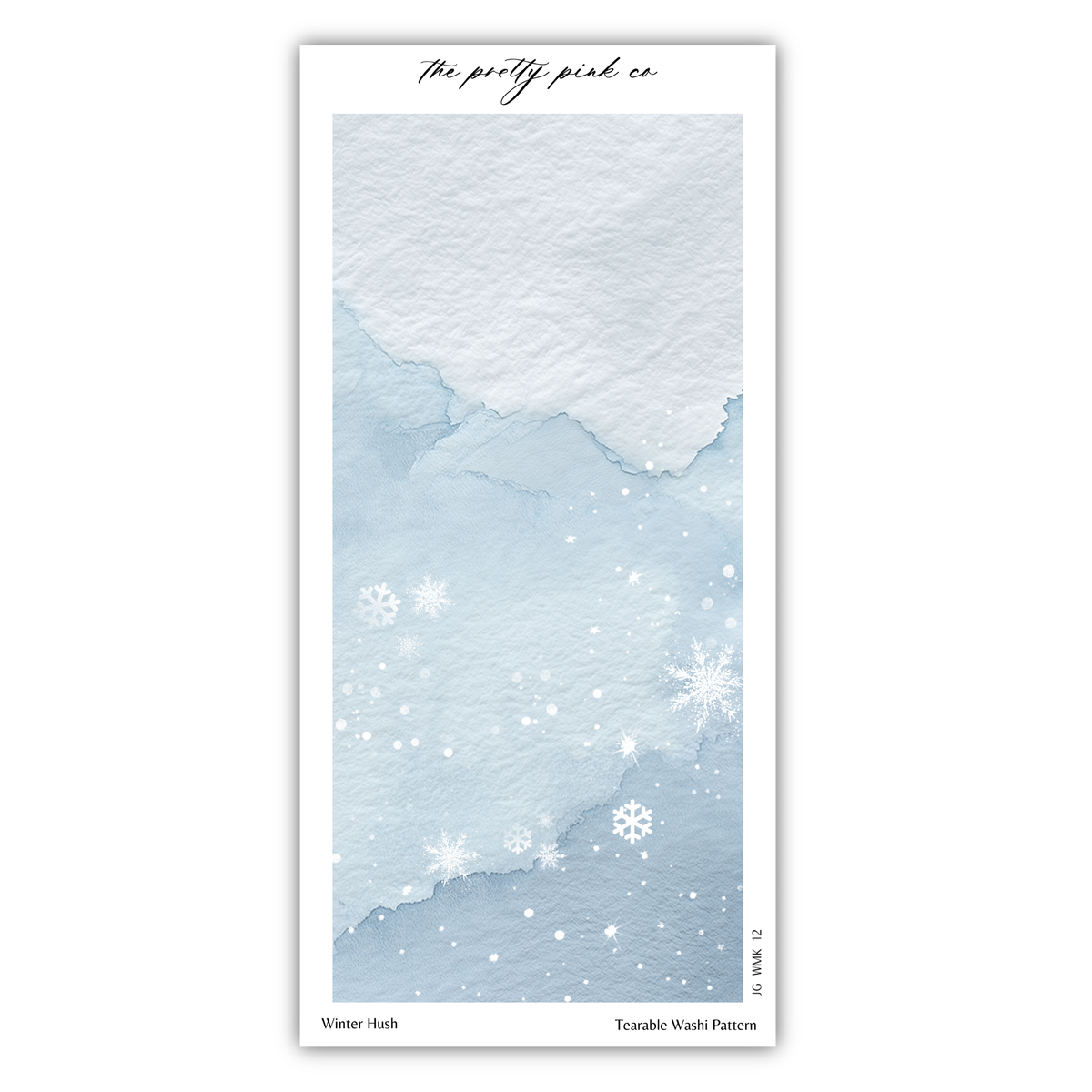 The image is a watercolor painting depicting a snowy landscape with falling snowflakes.