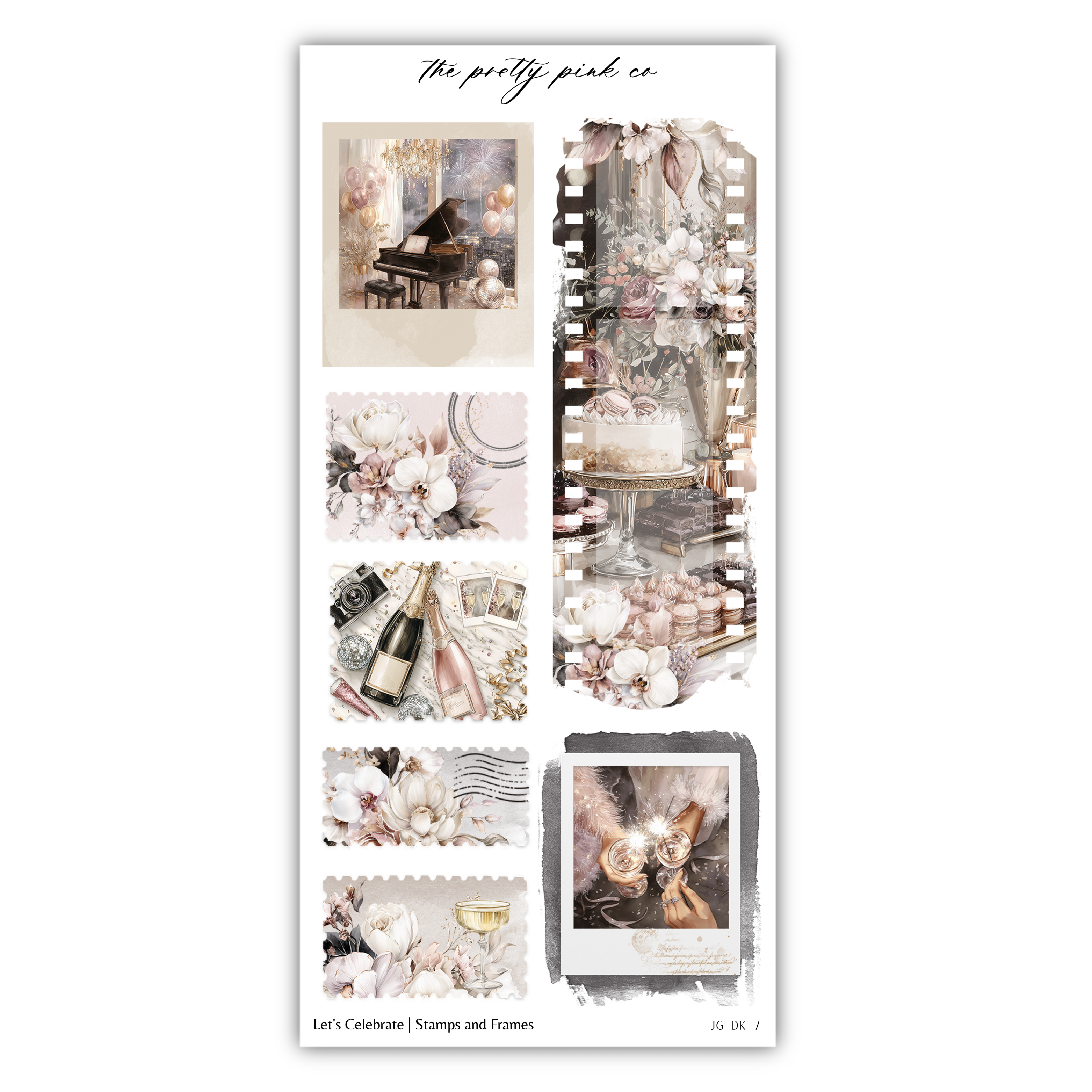 The image is a collage of various images related to celebrations and frames, including a piano, a cake, flowers, and other decorative elements.