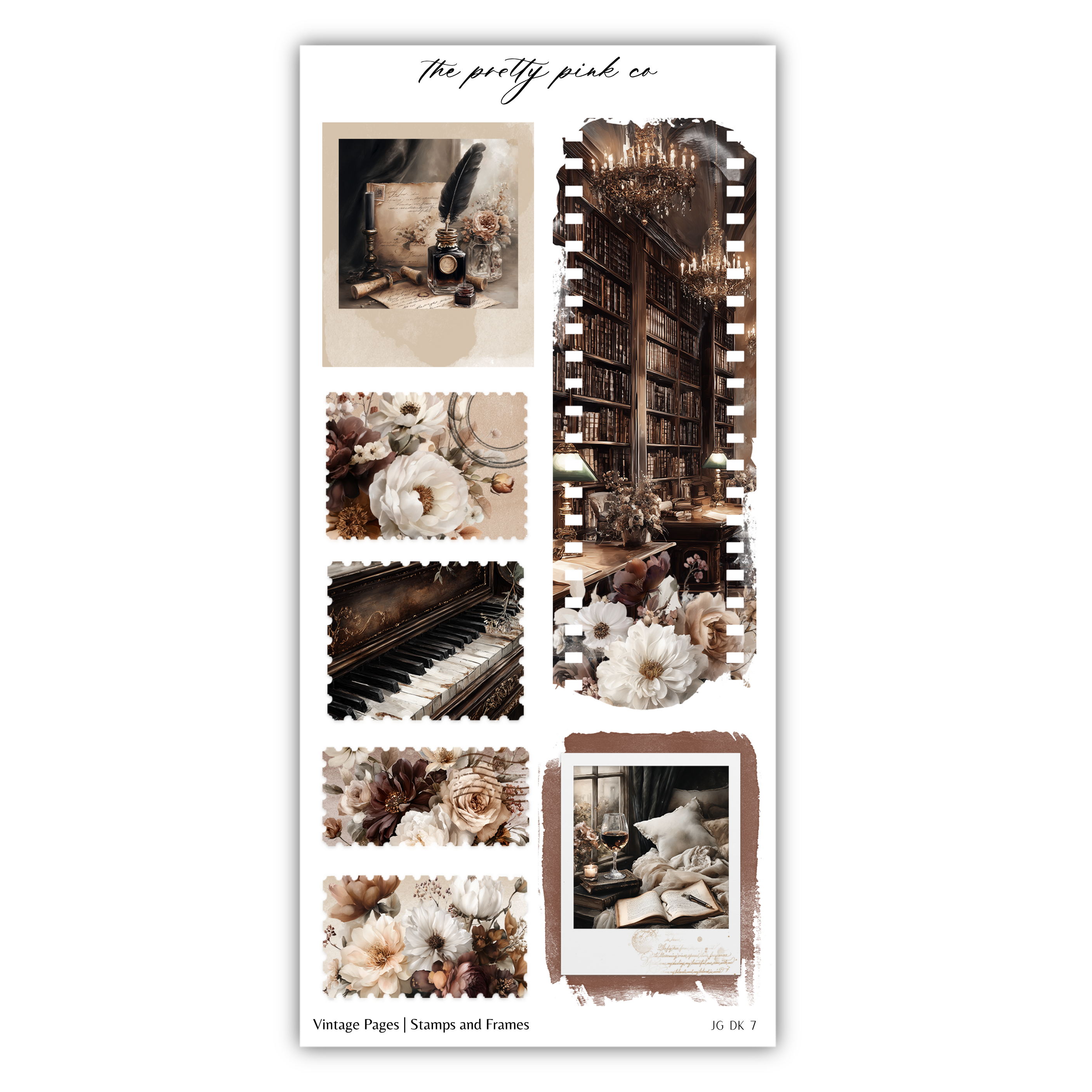 The image is a collage of various vintage-style photographs, including images of a piano, bookshelves, flowers, and other nostalgic elements.