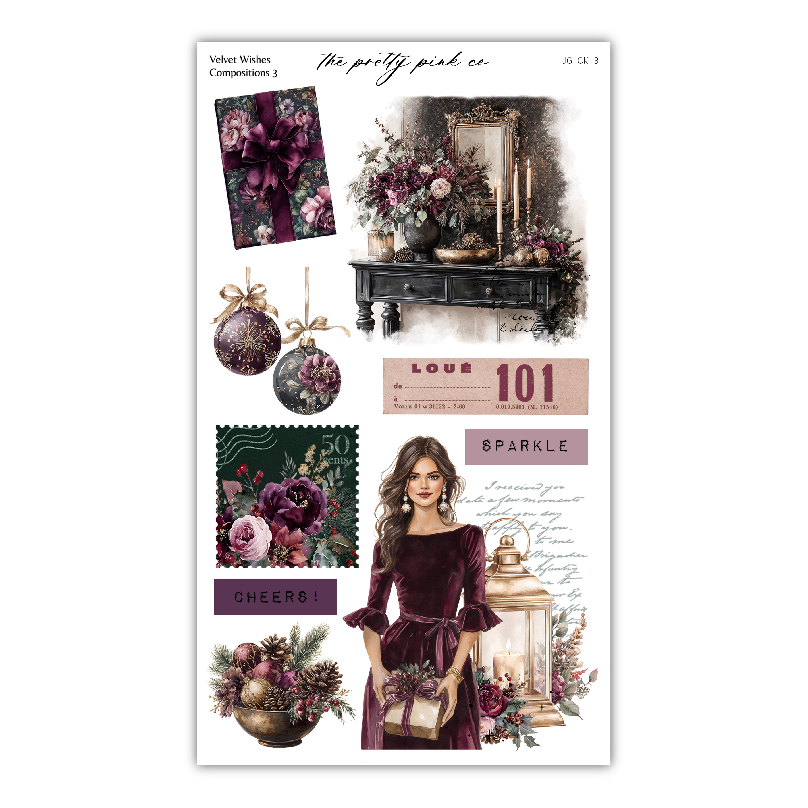 The image is a collage of various decorative elements, including a floral arrangement, a woman in a purple dress, and other festive or holiday-themed items.
