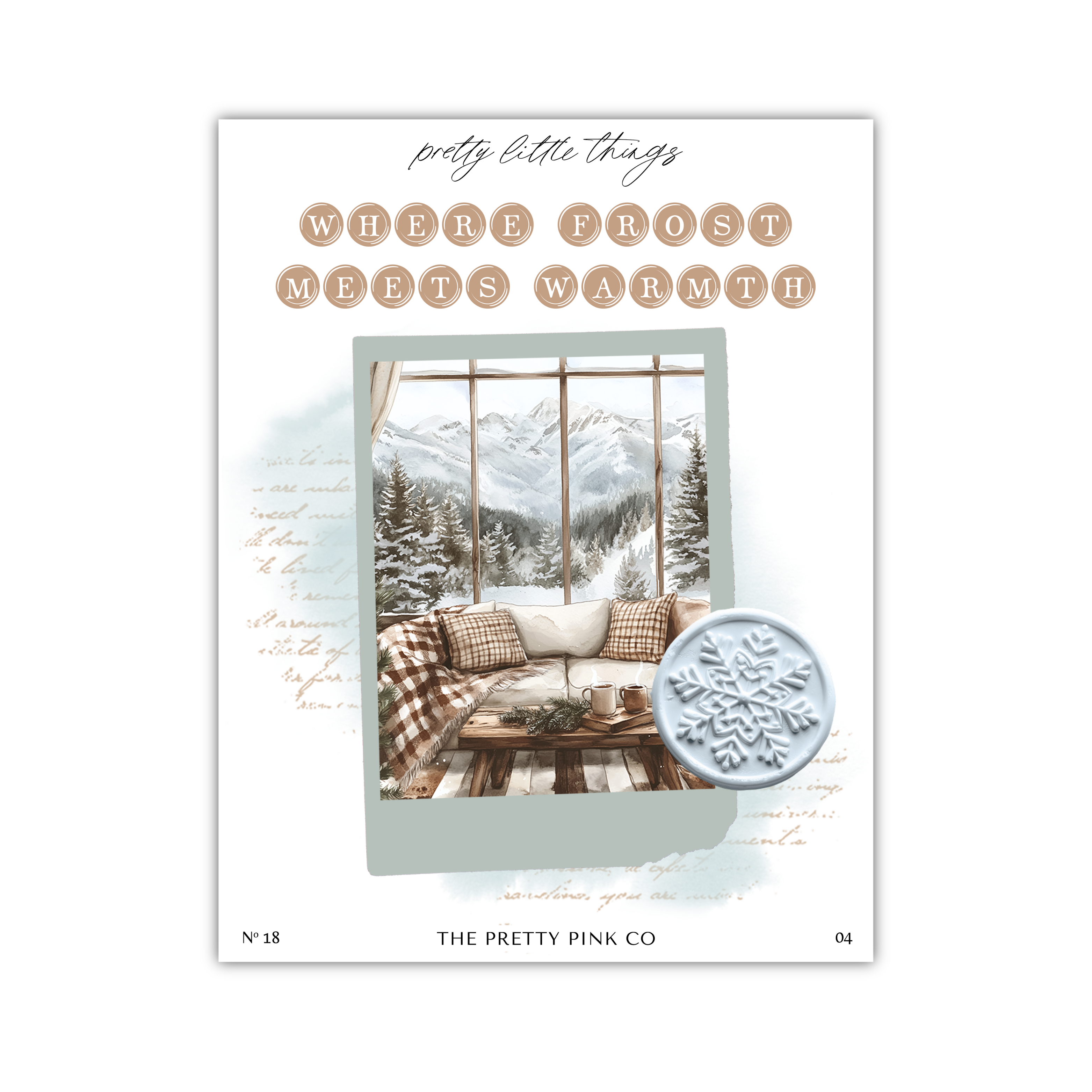 The image is a collage featuring a cozy winter scene with a window overlooking a snowy mountain landscape.