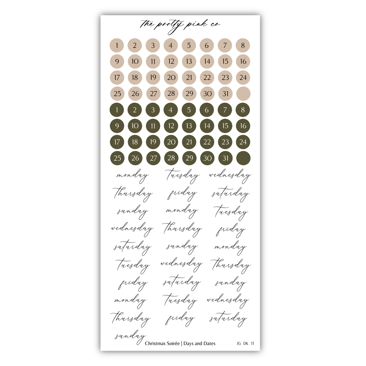 The image is a calendar with a grid of numbers representing days of the week, and a list of days of the week written in cursive.