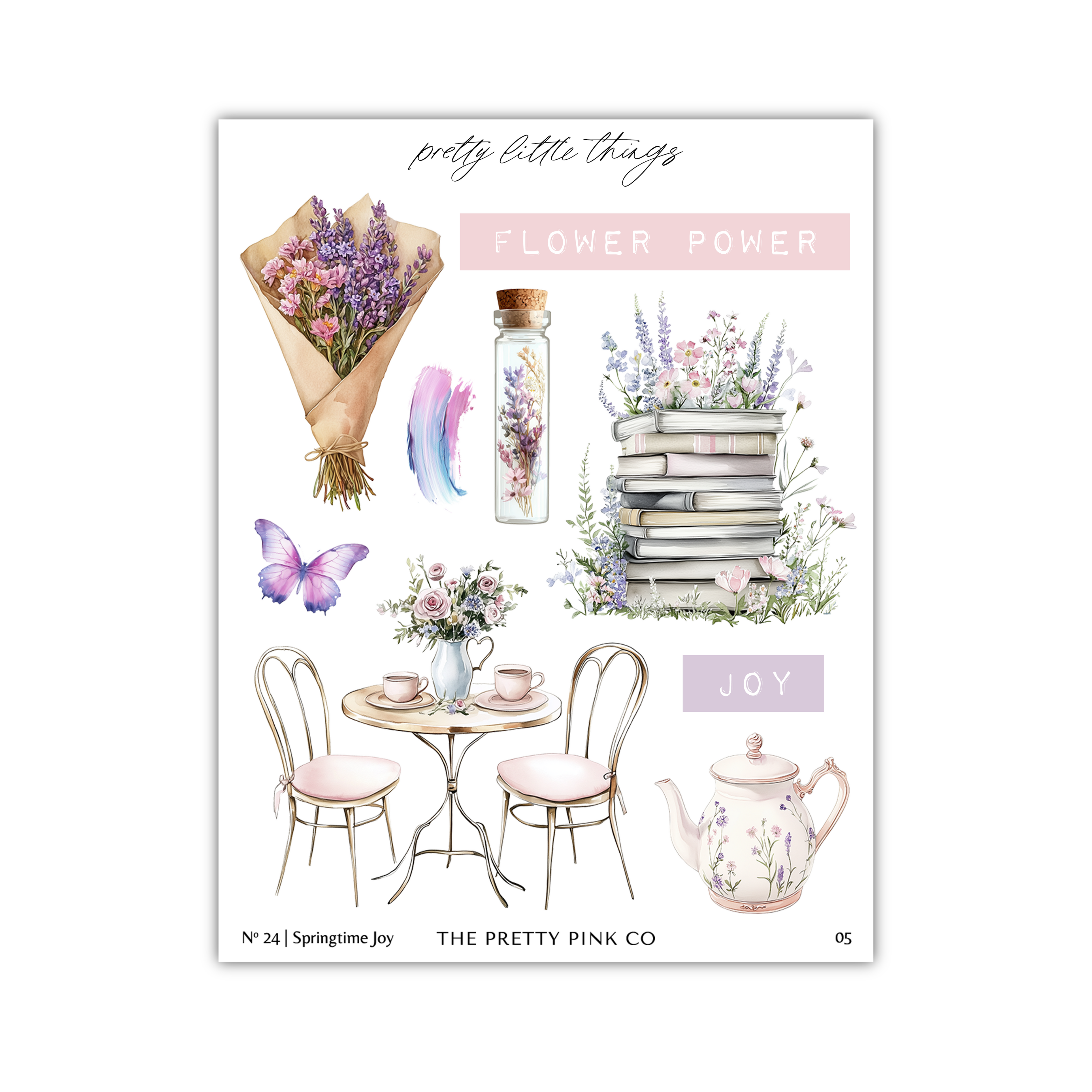 The image is a collage of various floral and decorative elements, including a bouquet of purple flowers, a vase of flowers, a teapot, a stack of books, a butterfly, and a table with chairs. The collage is titled "Flower Power" and "Joy" and is part of a collection by The Pretty Pink Co.