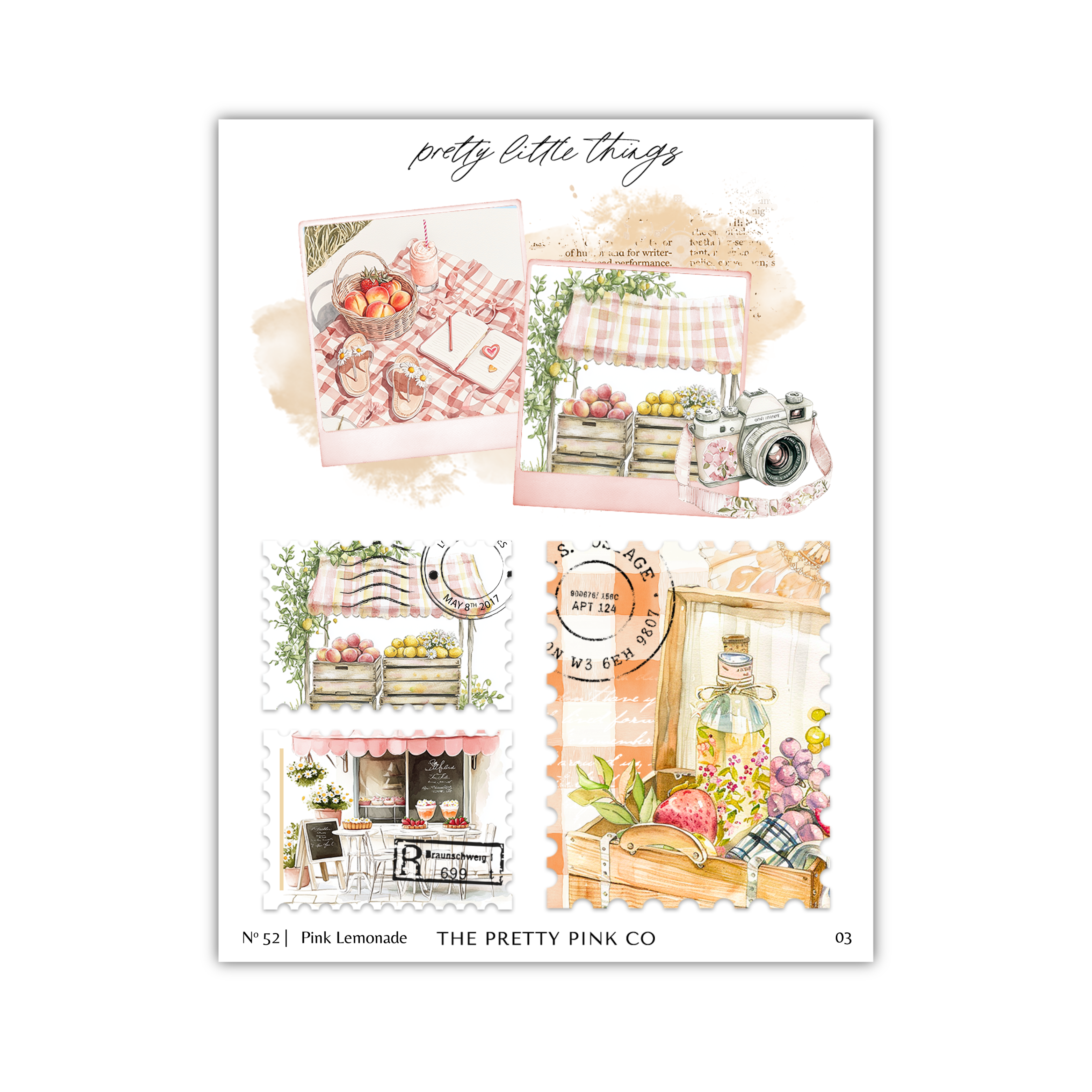 The image is a collage of four different scenes, each depicting various elements of a quaint, charming, and idyllic setting. The scenes include a lemonade stand, a fruit basket, a camera, and a vase. The collage is titled "pretty little things" and is part of a series of images by "The Pretty Pink Co."