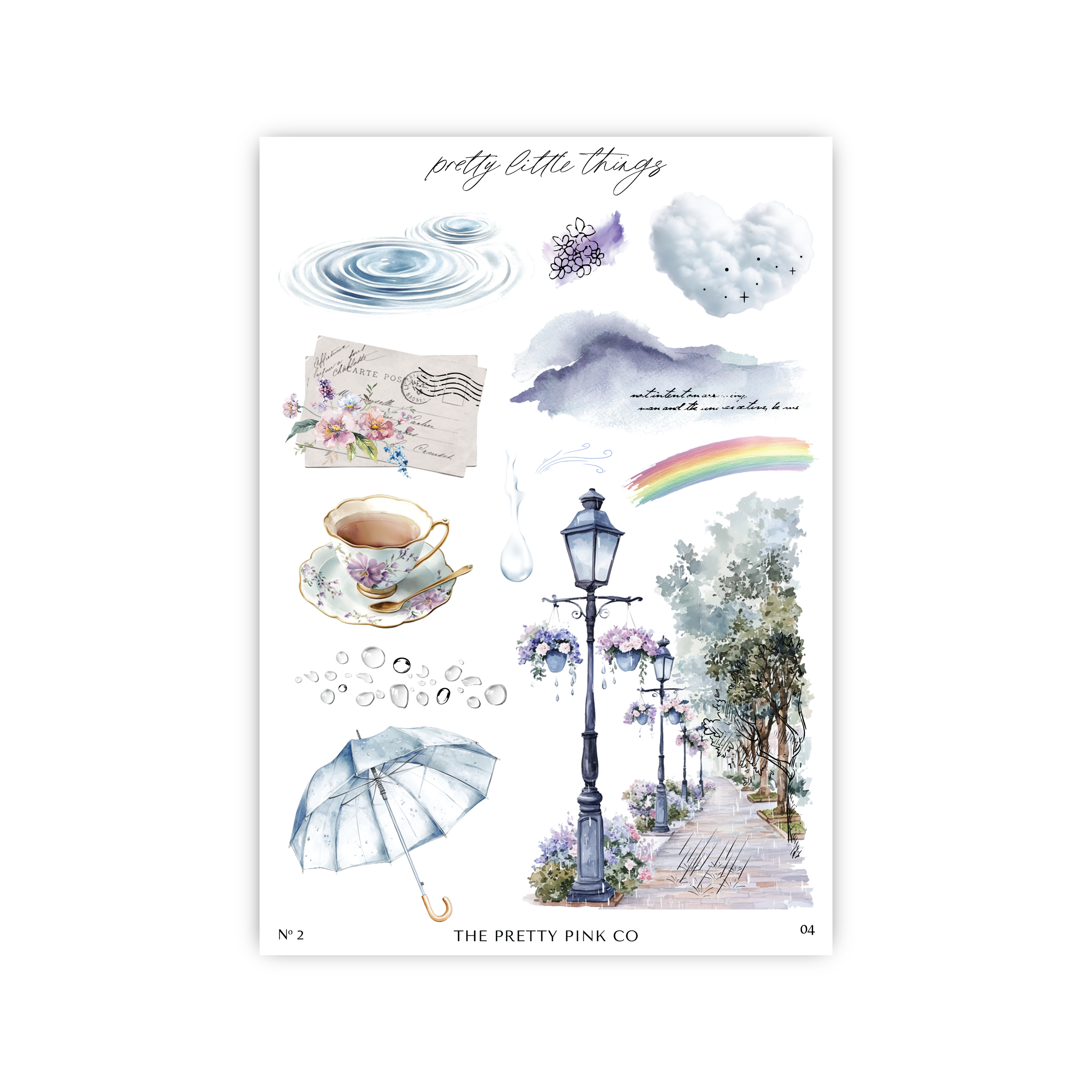 a sheet of stickers with a picture of a street light, umbrellas,