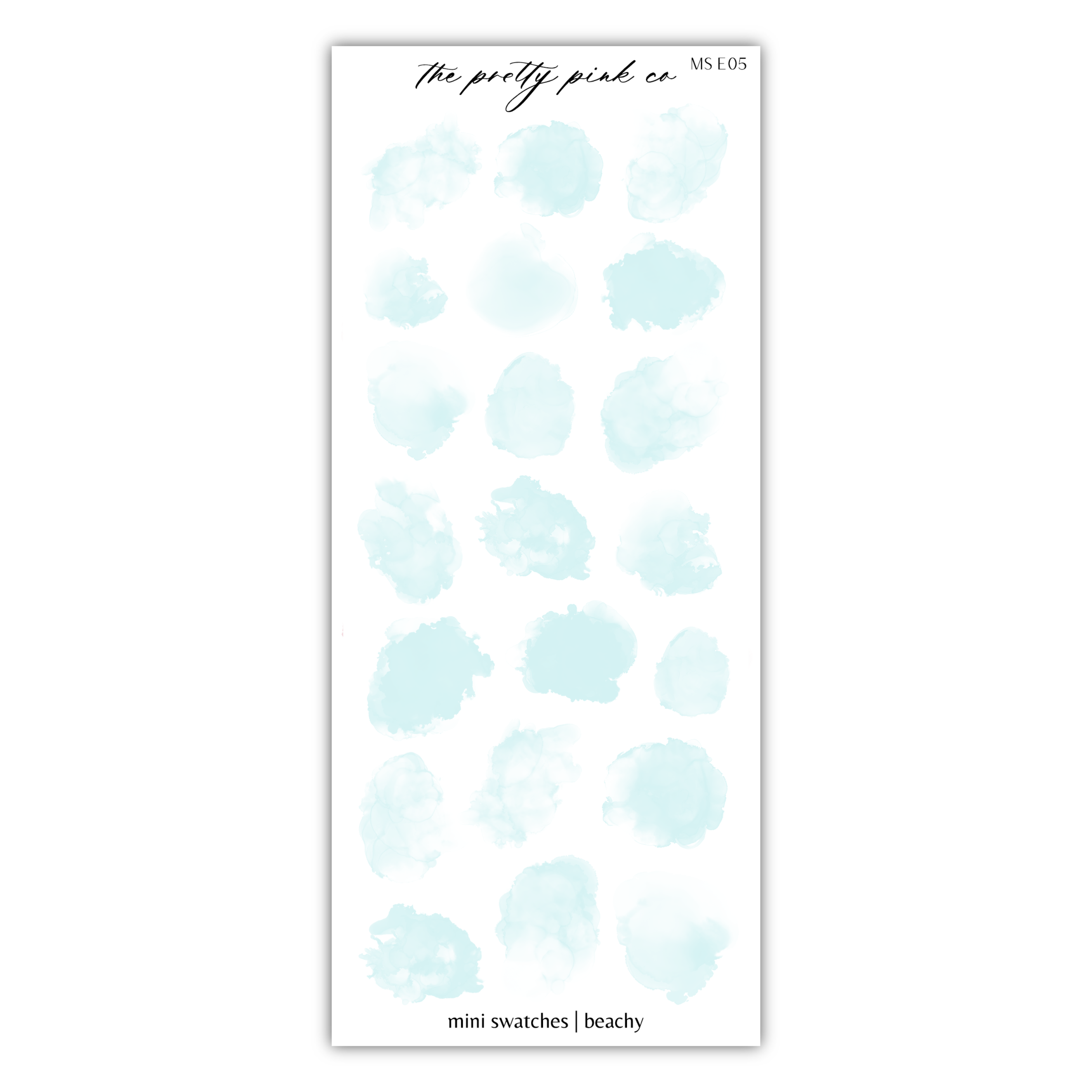 a white and blue sticker with watercolor spots on it