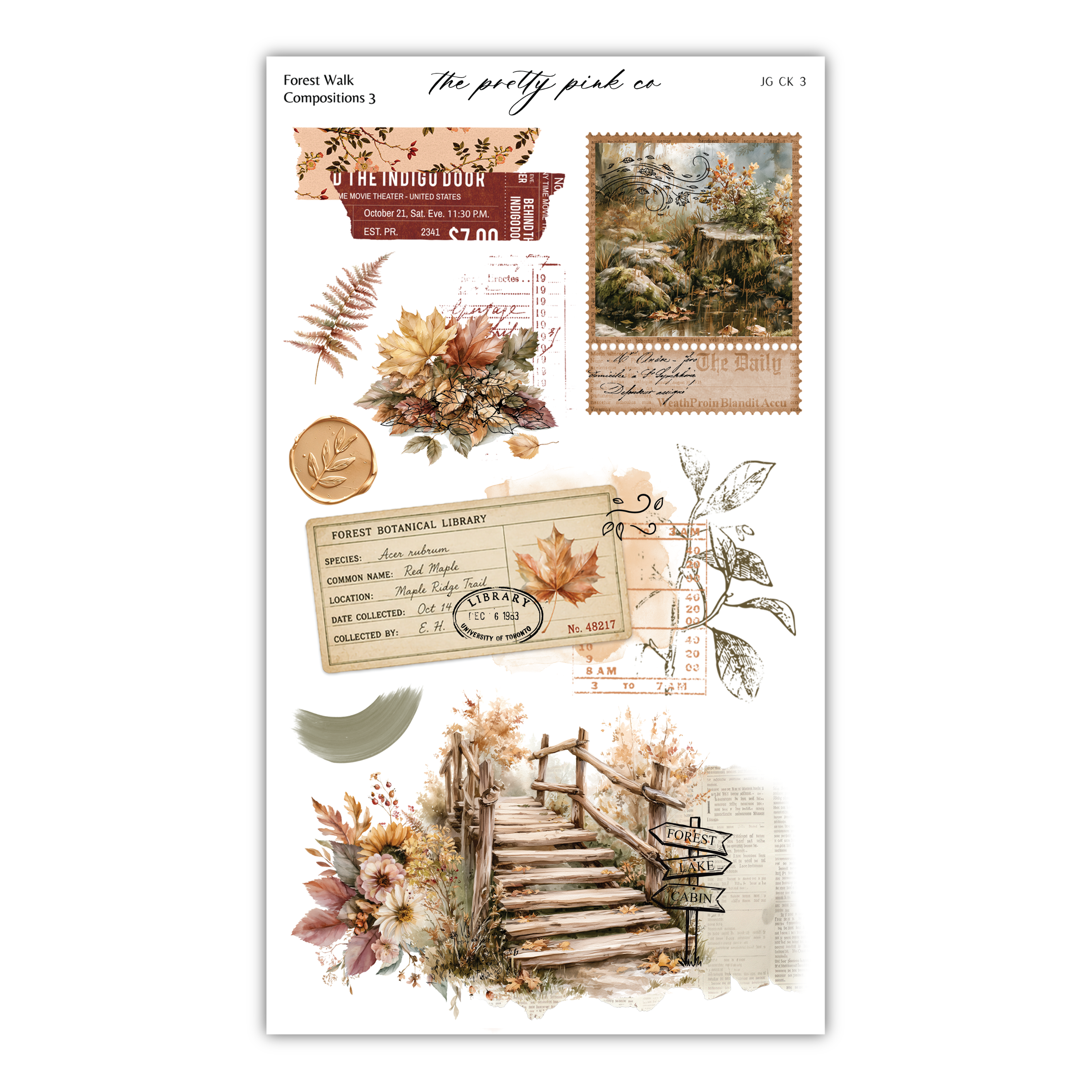 The image is a collage of various autumn-themed elements, including a painting of a forest, a postcard, a stamp, and a painting of a staircase. The collage appears to be a collection of different artistic and decorative elements related to the autumn season.