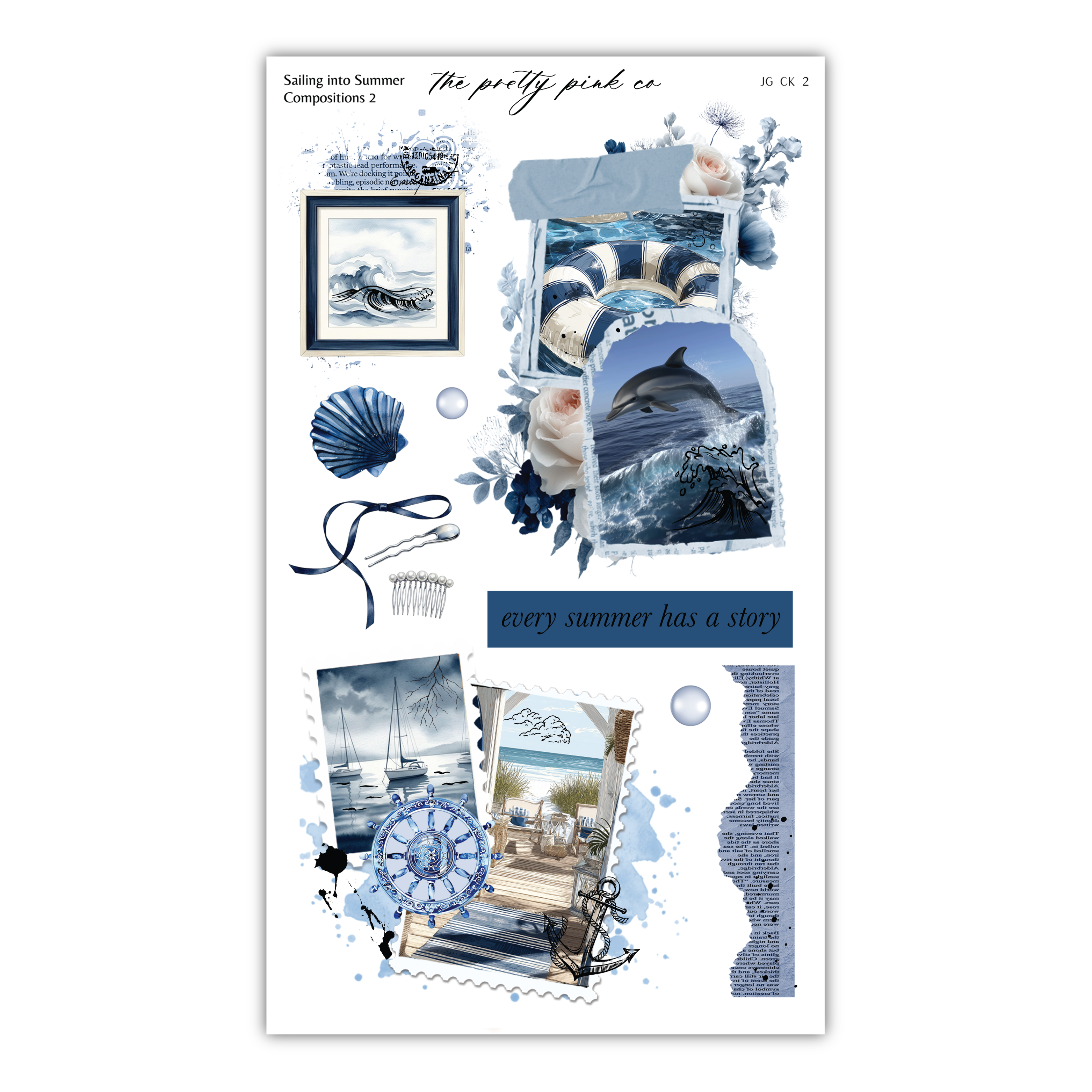 The image is a collage of various nautical and summer-themed elements, including a seascape, a dolphin, seashells, a sailboat, and a beach scene. The collage is visually appealing and captures the essence of summer and the ocean.