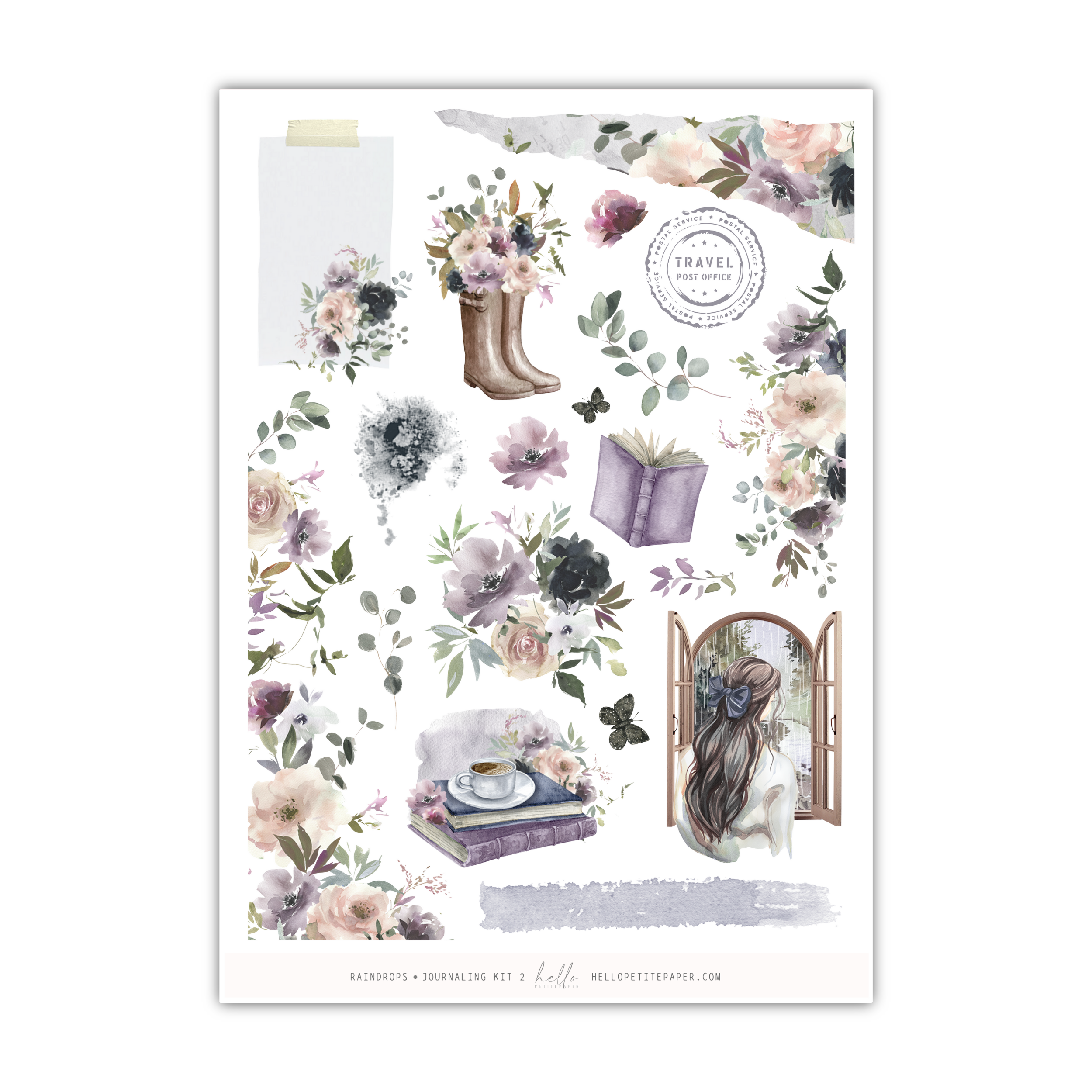 a sheet of stickers with flowers and a book