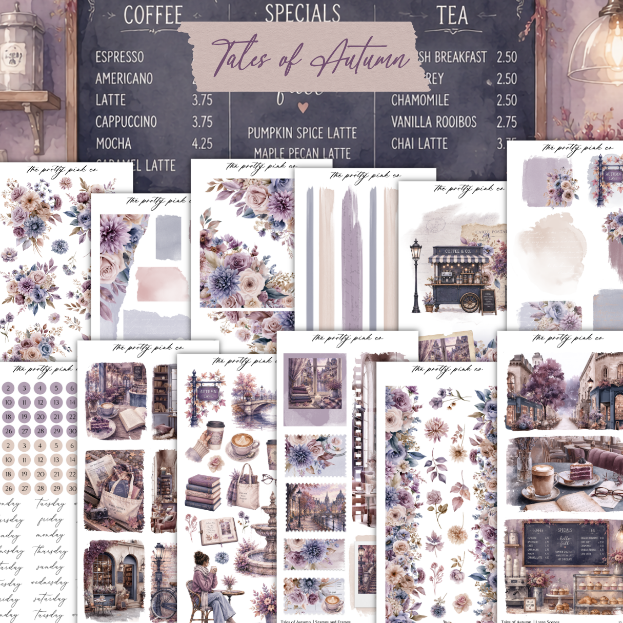a collection of illustrations and text related to autumn, including floral designs, coffee and tea menus, and various autumn-themed scenes.