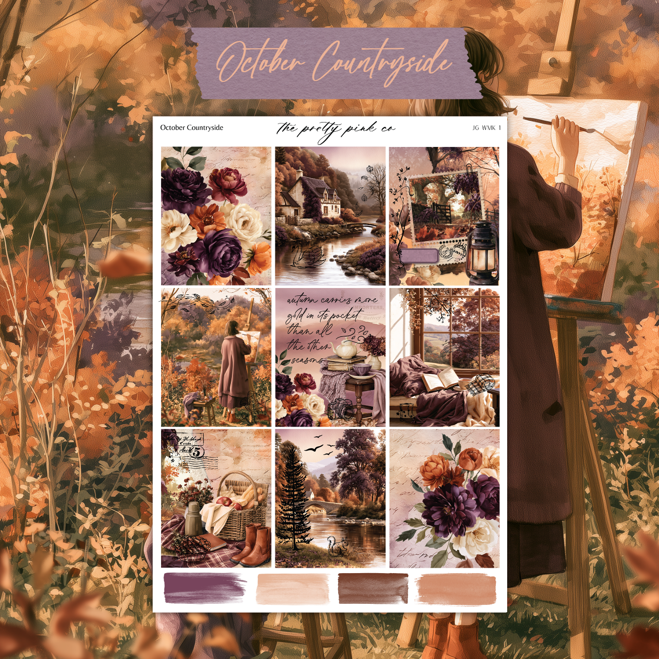 The image is a collage of various autumn-themed images, including a person painting, a person sitting on a bench, and a person walking through a forest. The collage is titled "October Countryside" and includes a list of colors such as "pink", "brown", and "orange".